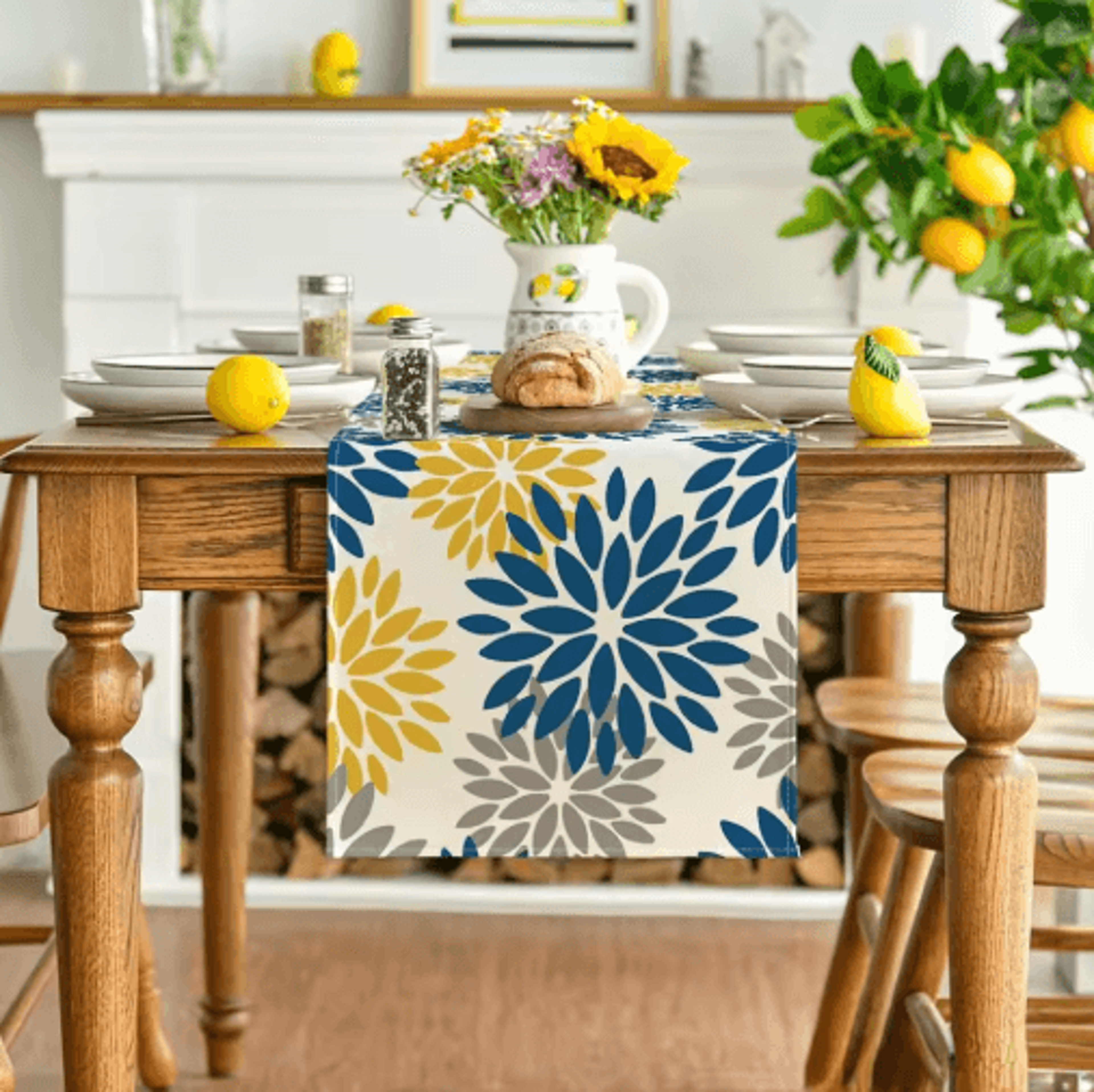 Blue Dahlia Floral Linen Table Runner Elegant Spring  Summer Table Decor 0