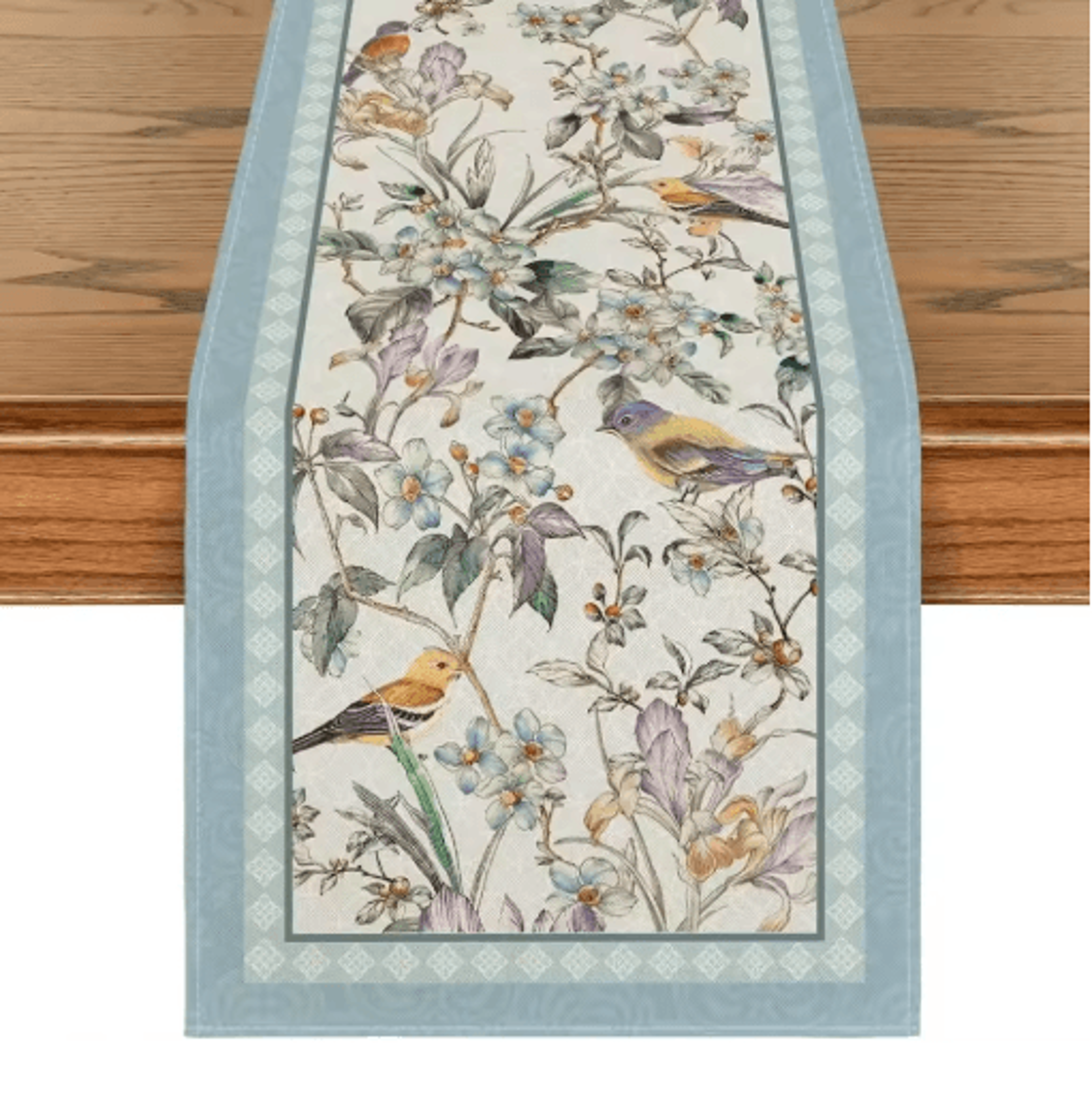 Blue Birds Blossom Linen Table Runner Elegant Floral Wedding  Home Table Decor 0