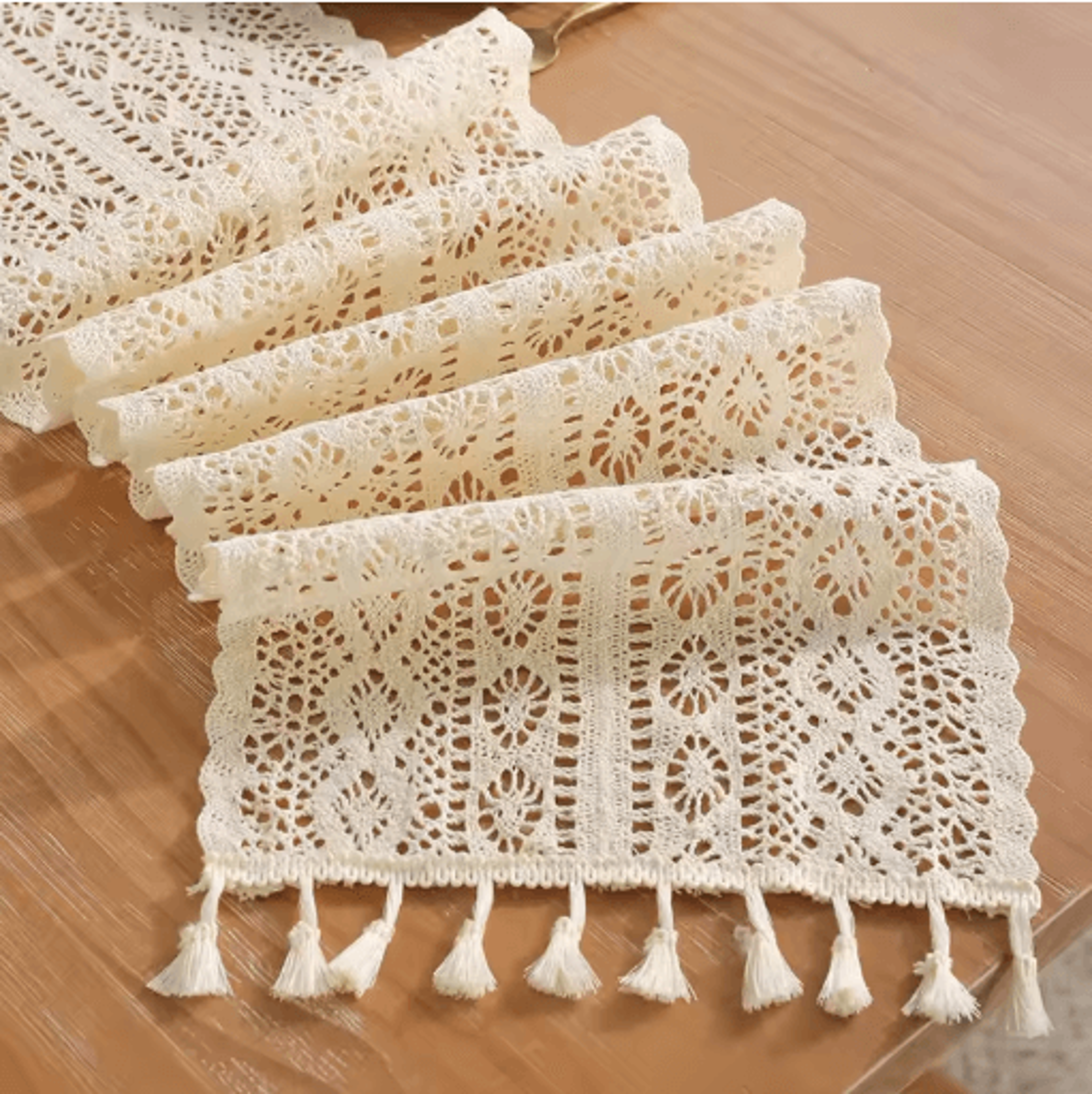 Boho Macrame Crochet Table Runner Vintage Farmhouse Beige Table Decor 0