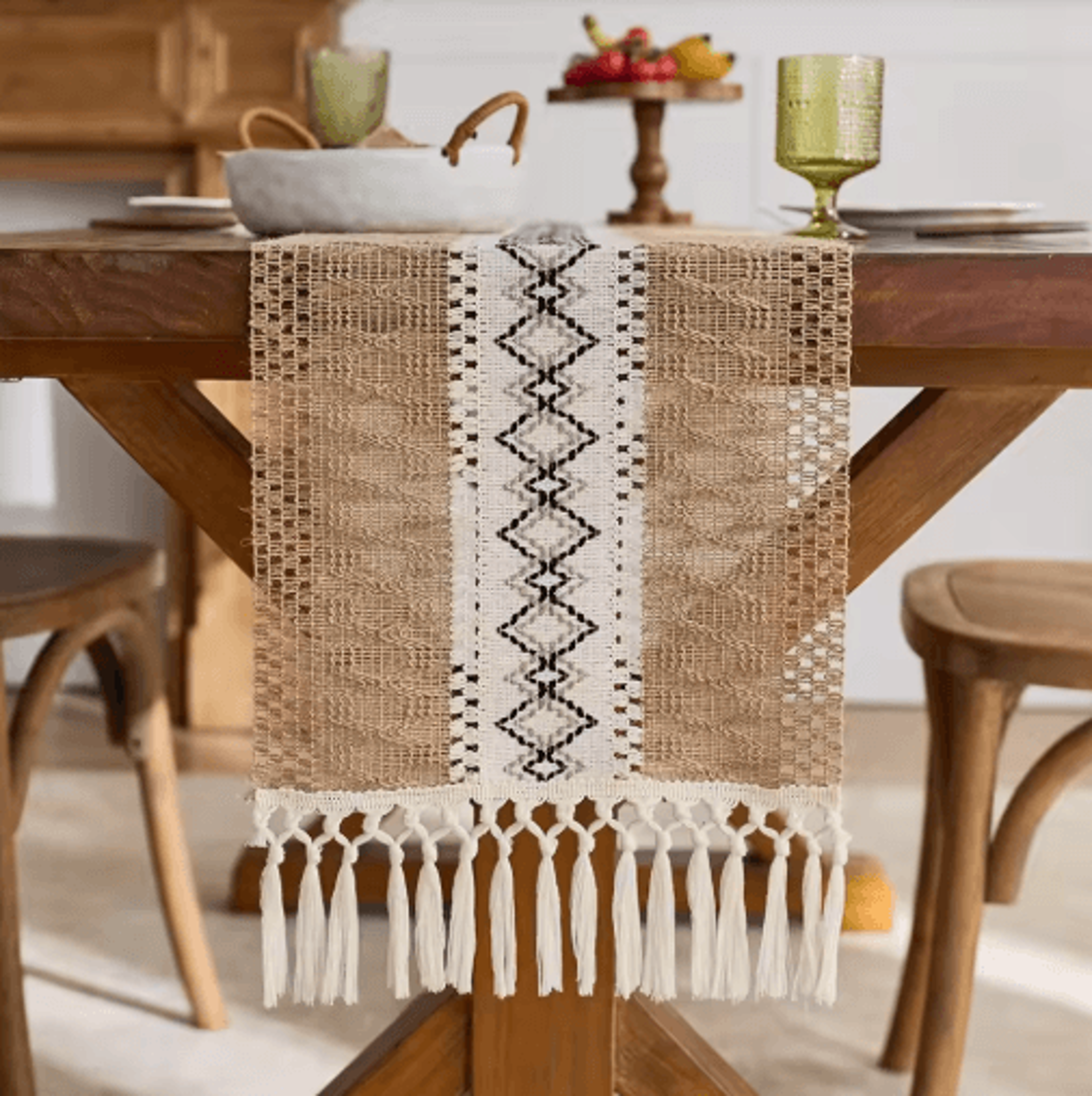 Boho Macrame Table Runner With Tassels  Rustic Farmhouse Table Decor Accent 0