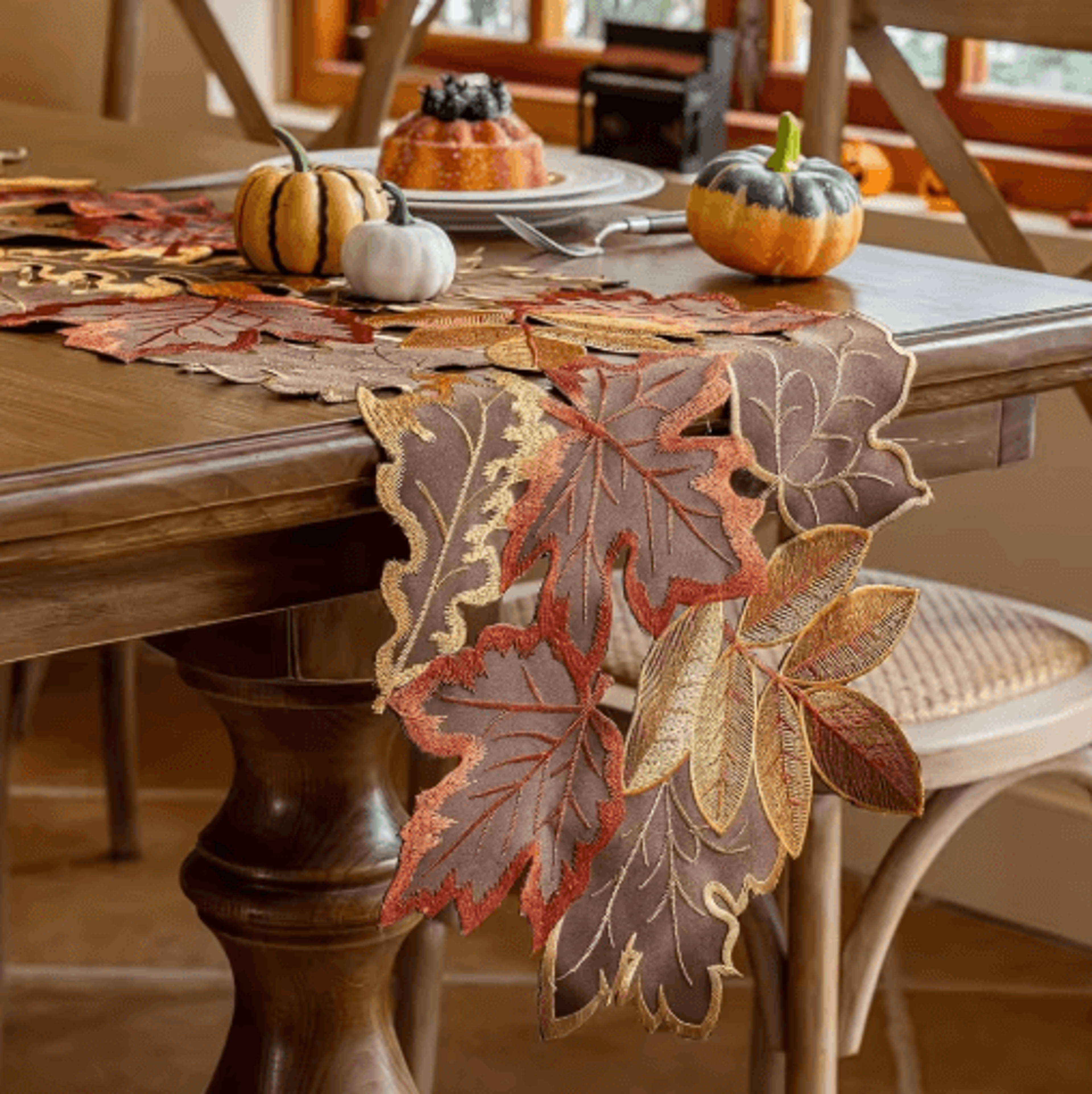 Embroidered Maple Leaf Table Runner  Rustic Autumn Farmhouse Thanksgiving Decor 0