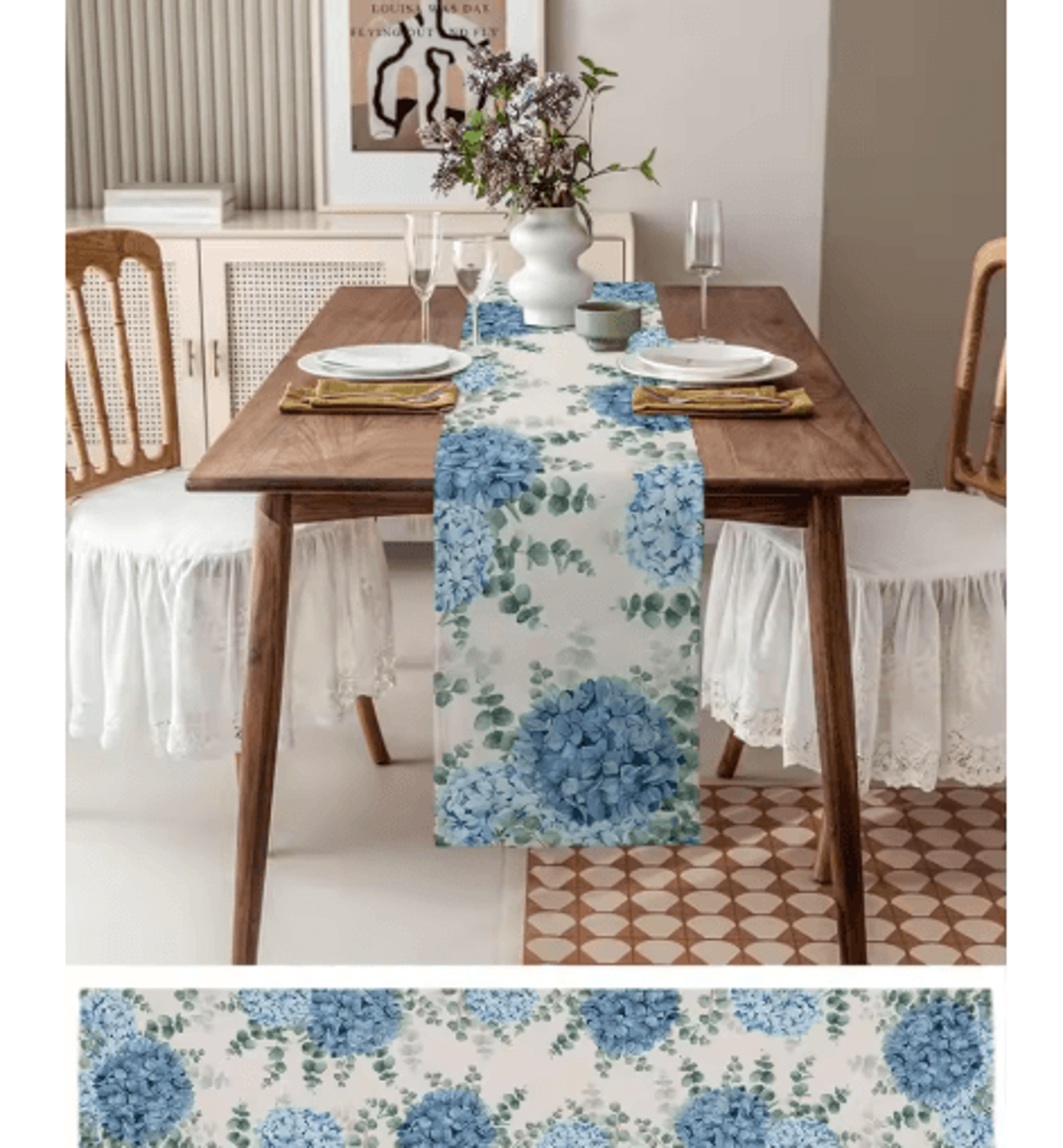 Blue Hydrangea  Eucalyptus Table Runner  Elegant Floral Farmhouse  Wedding Decor 3