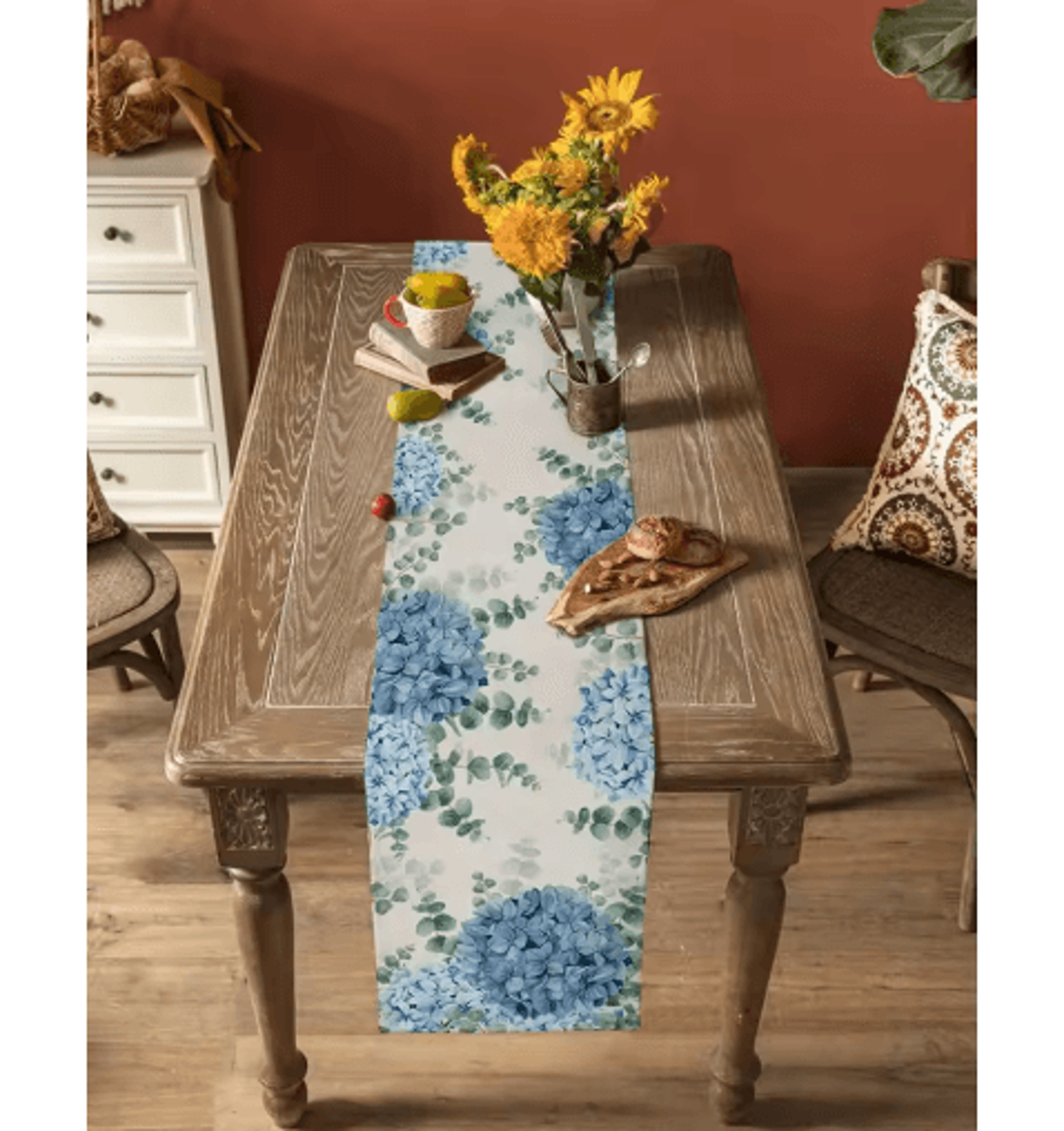 Blue Hydrangea  Eucalyptus Table Runner  Elegant Floral Farmhouse  Wedding Decor 0