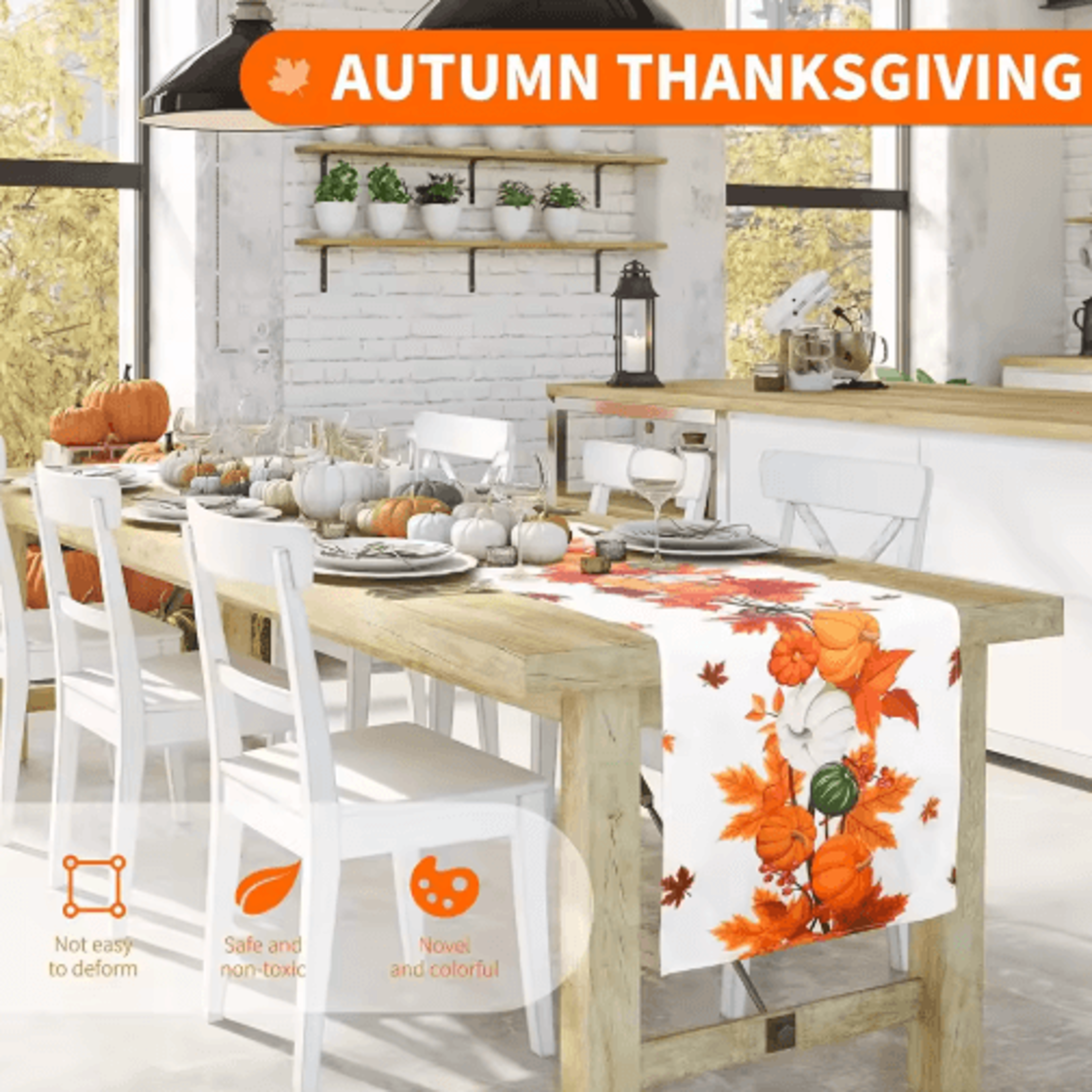 Thanksgiving Pumpkin Linen Table Runner  Autumn Harvest Maple Leaf Table Decor 4