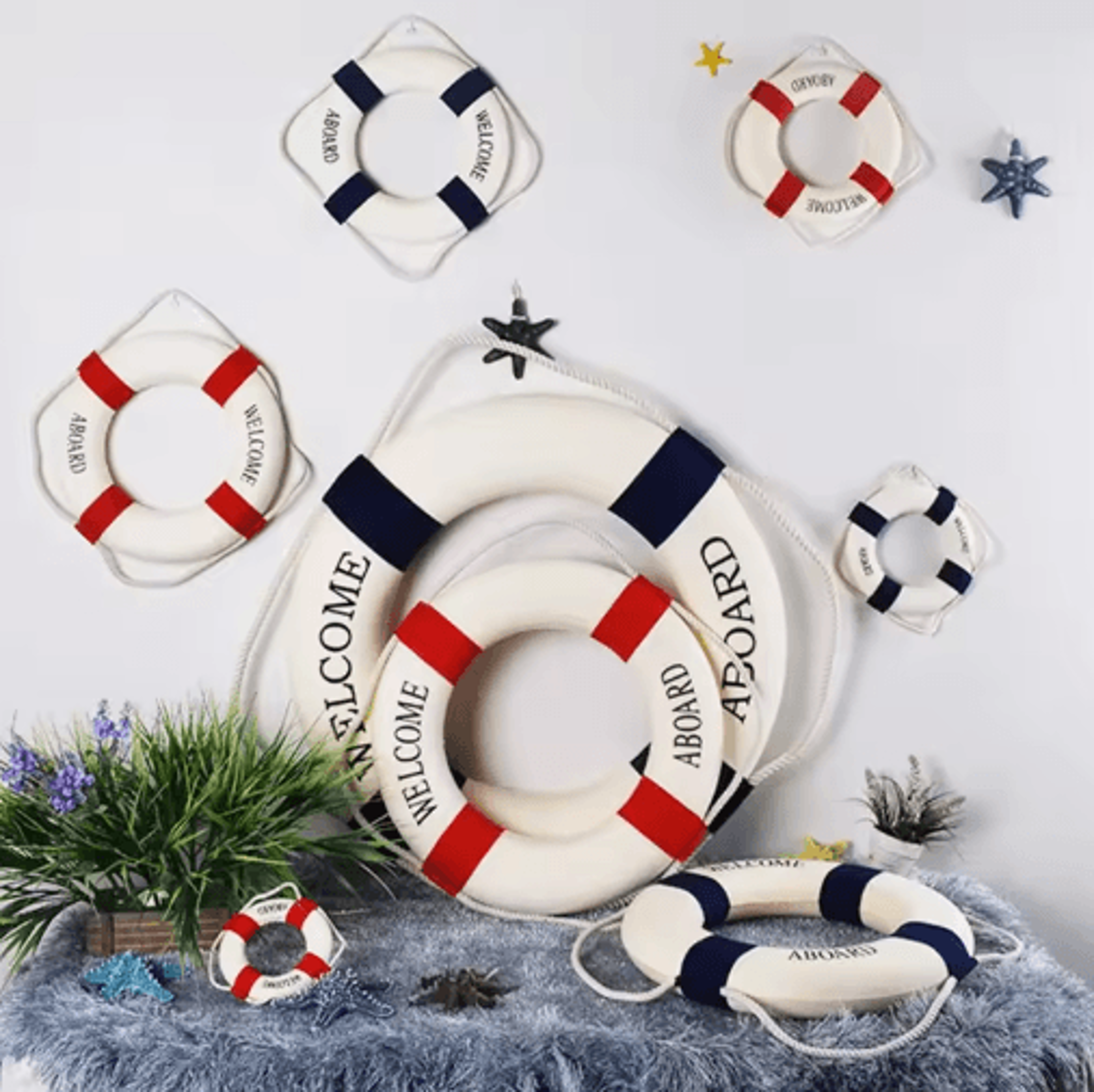 Nautical Life Buoy Wall Decor  Red  Blue Coastal Beach House Accent 5