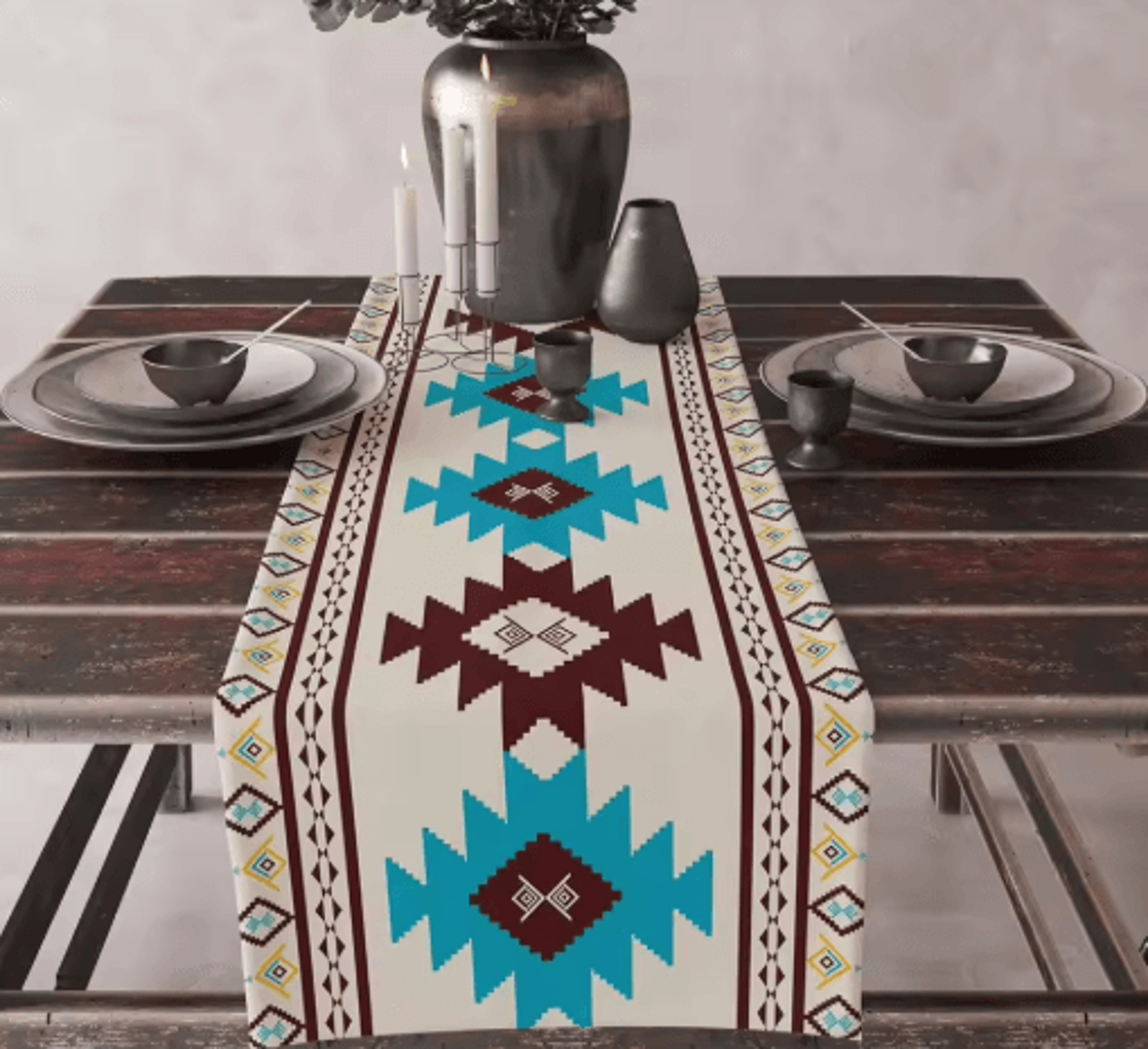 Aztec Boho Tribal Linen Table Runner Geometric Dining Table Decor 0