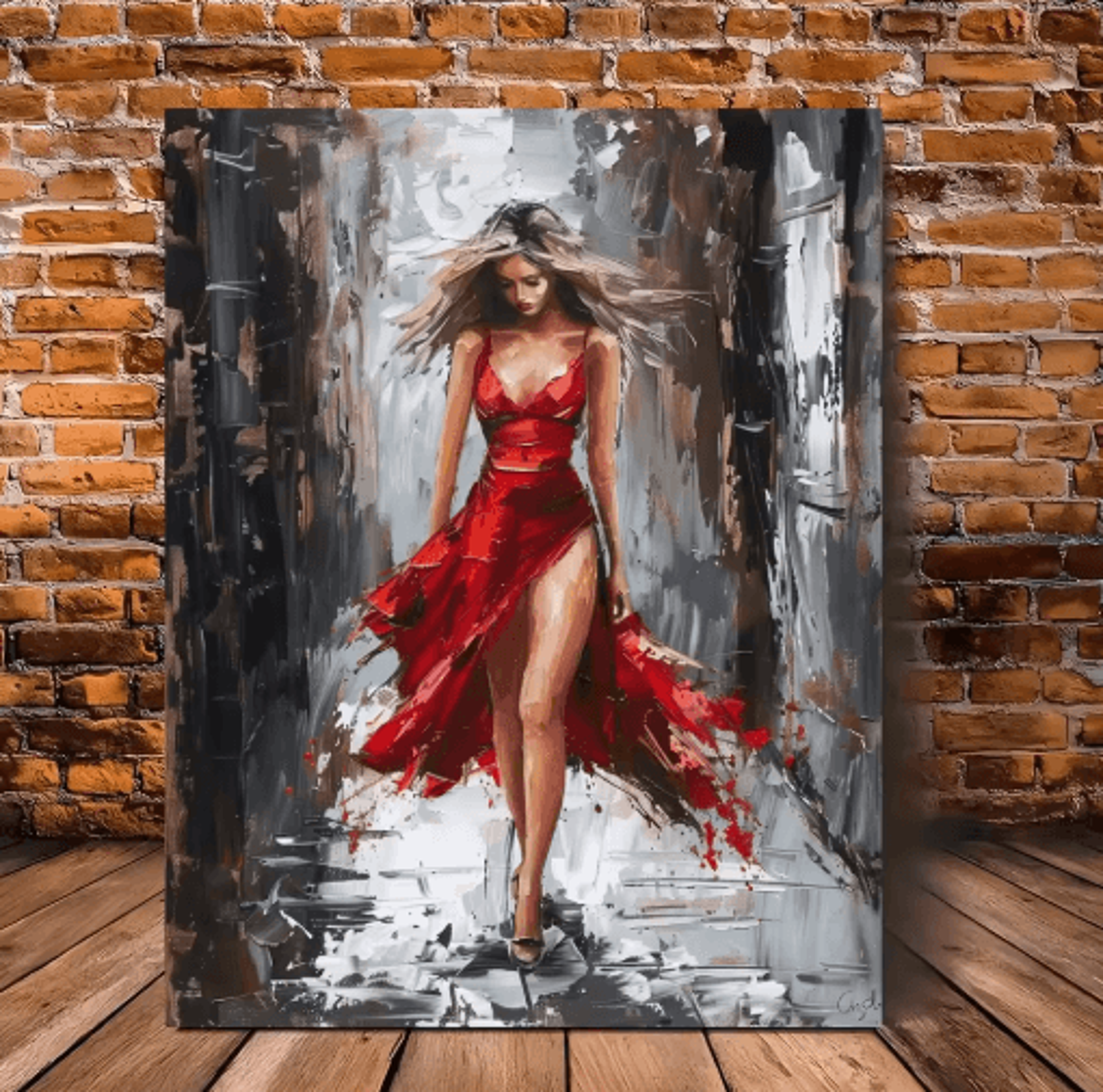 Elegant Woman In Red Dress Framed Canvas Oil Painting Vibrant Portrait Wall Art 0