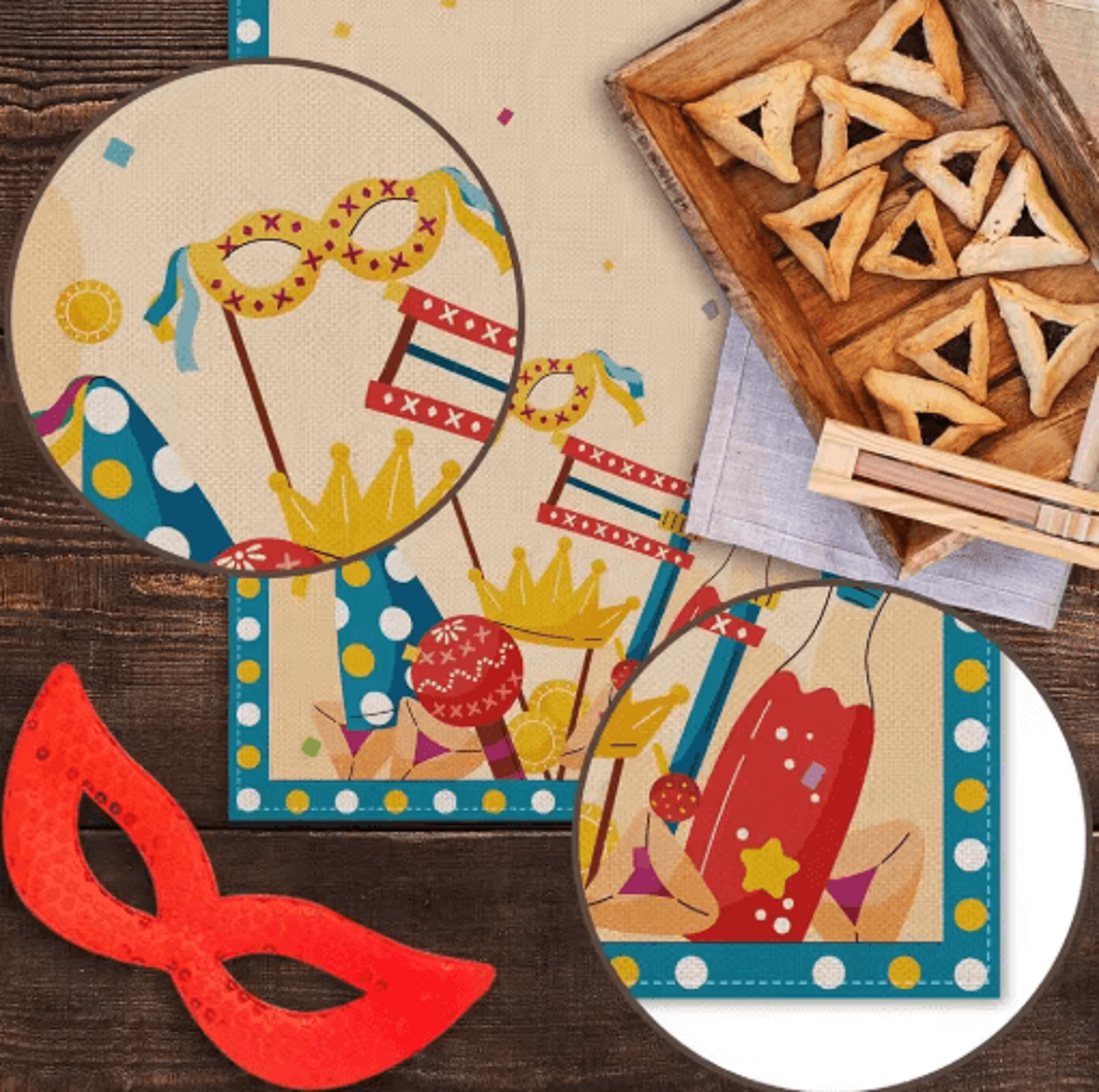 Happy Purim Linen Table Runner Festive Carnival Mask  Crown Holiday Table Decor 2