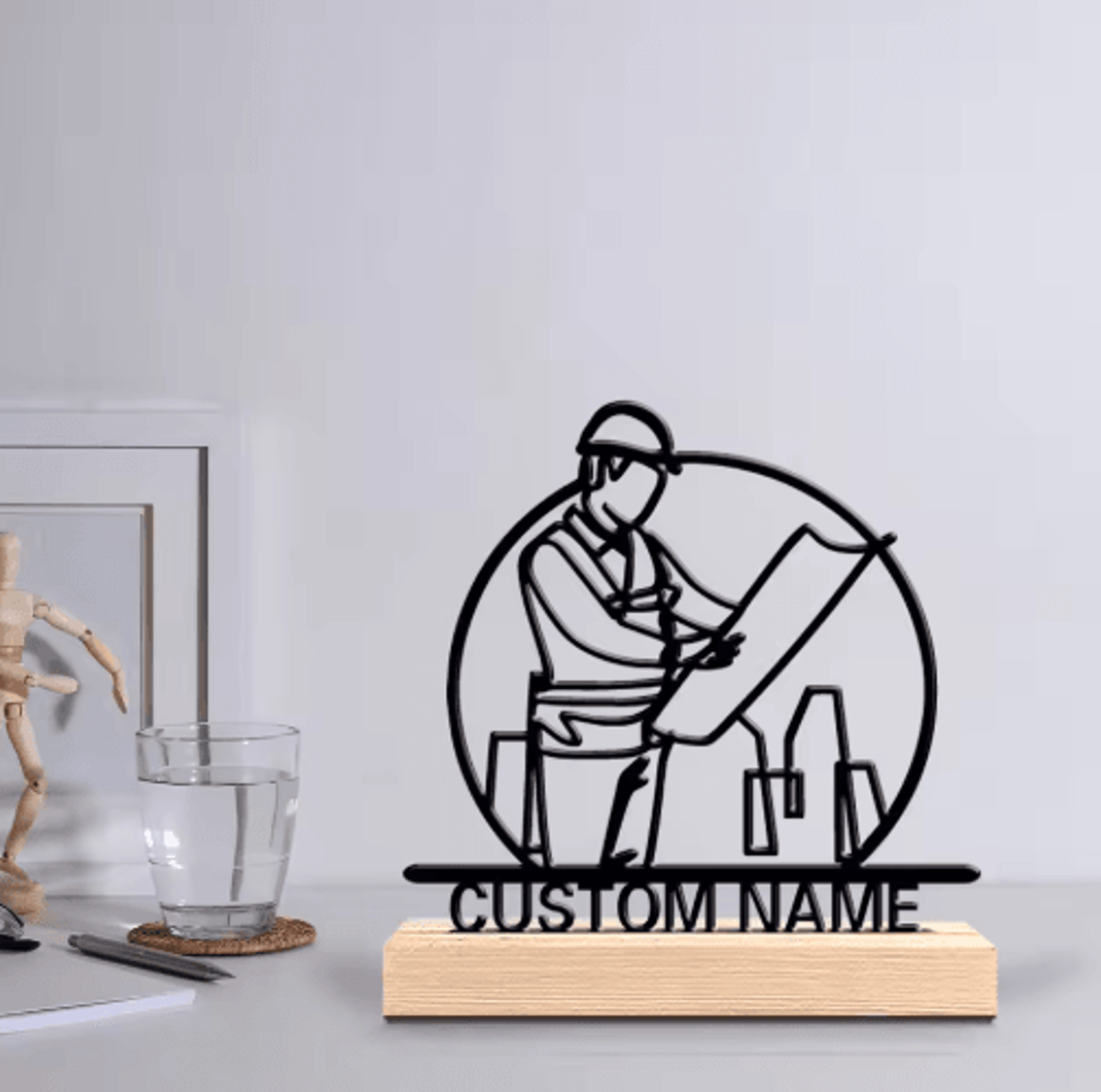 Personalized Architect Metal Sculpture  Custom Architect Desk Decor With Wooden Base 0