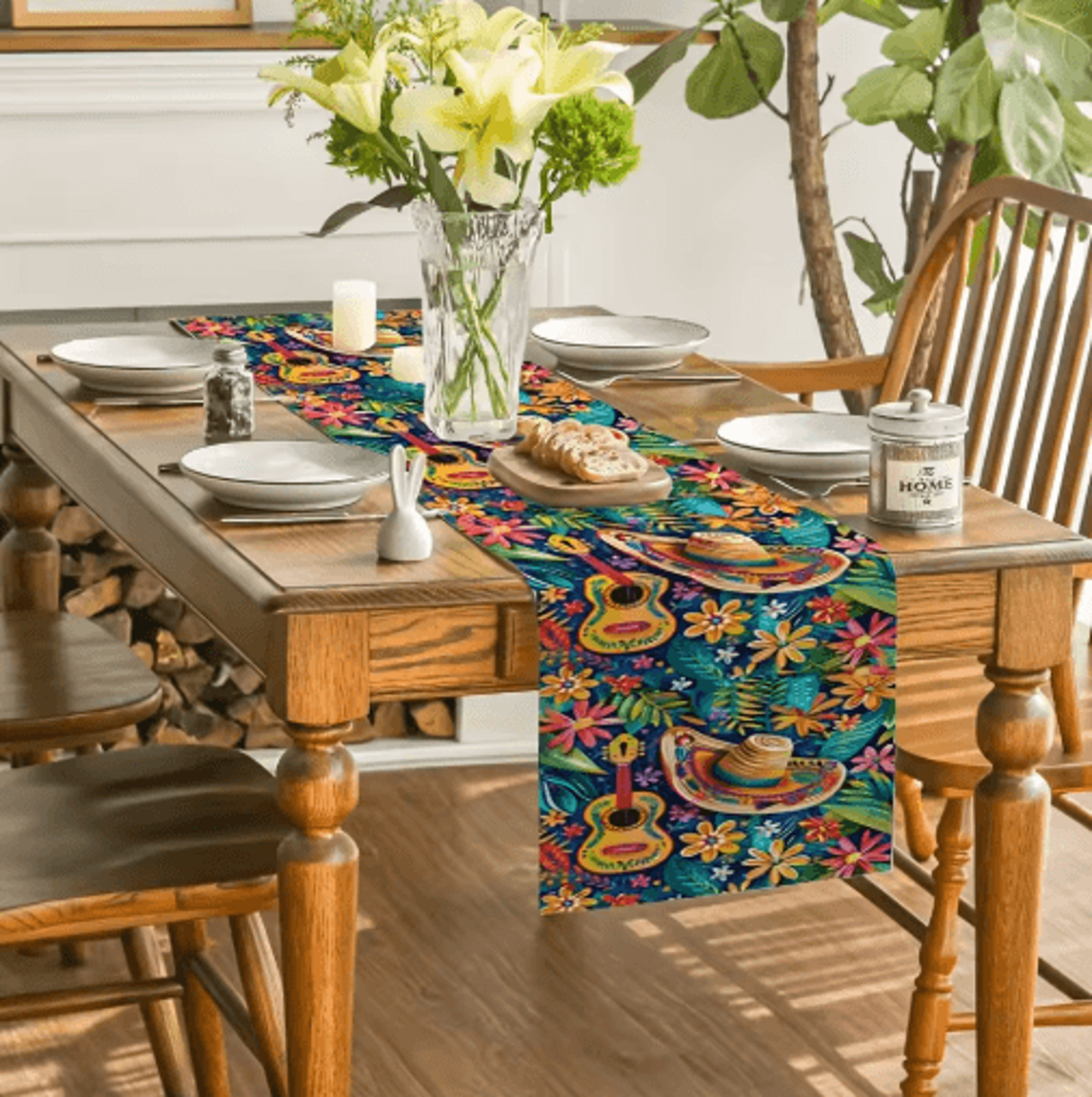Mexican Fiesta Table Runner  Vibrant Mexican Table Runner With Cactus  Floral Print 0