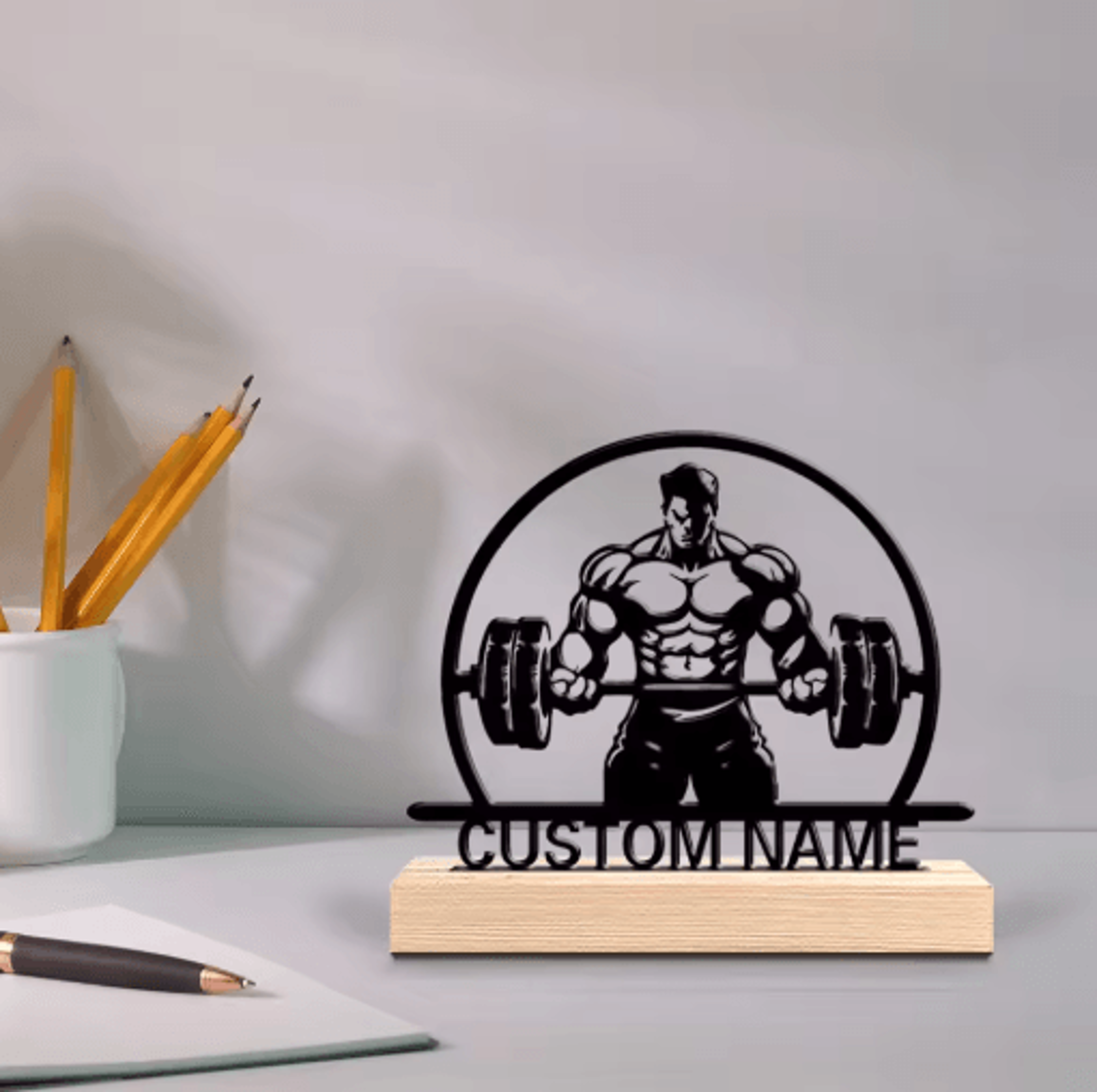 Personalized Custom Weightlifting Metal Art Fitness Tabletop Decor With Wooden Base 0