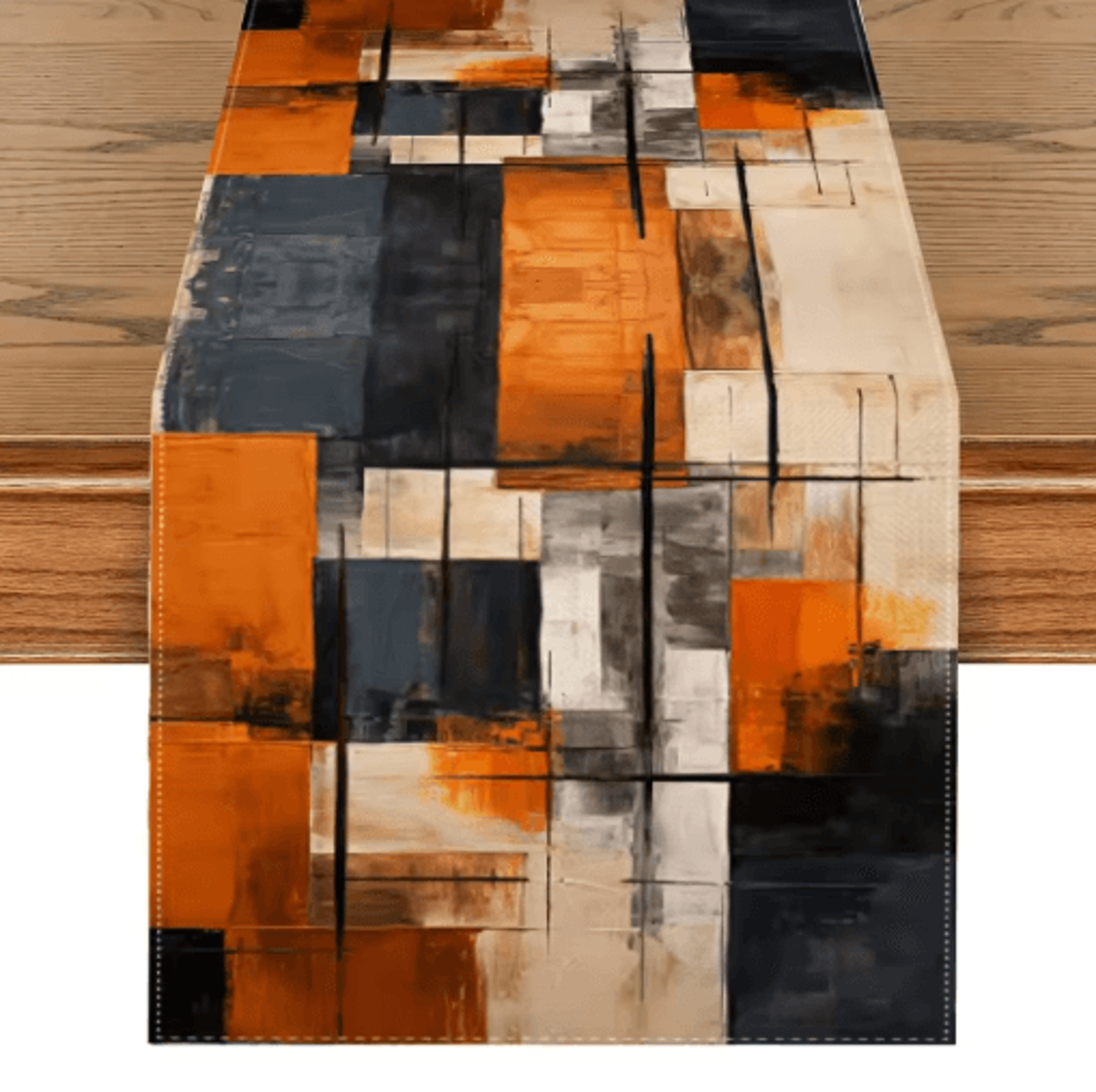 Abstract Linen Table Runner Decor Watercolor Orange  Black Holiday Accent 0