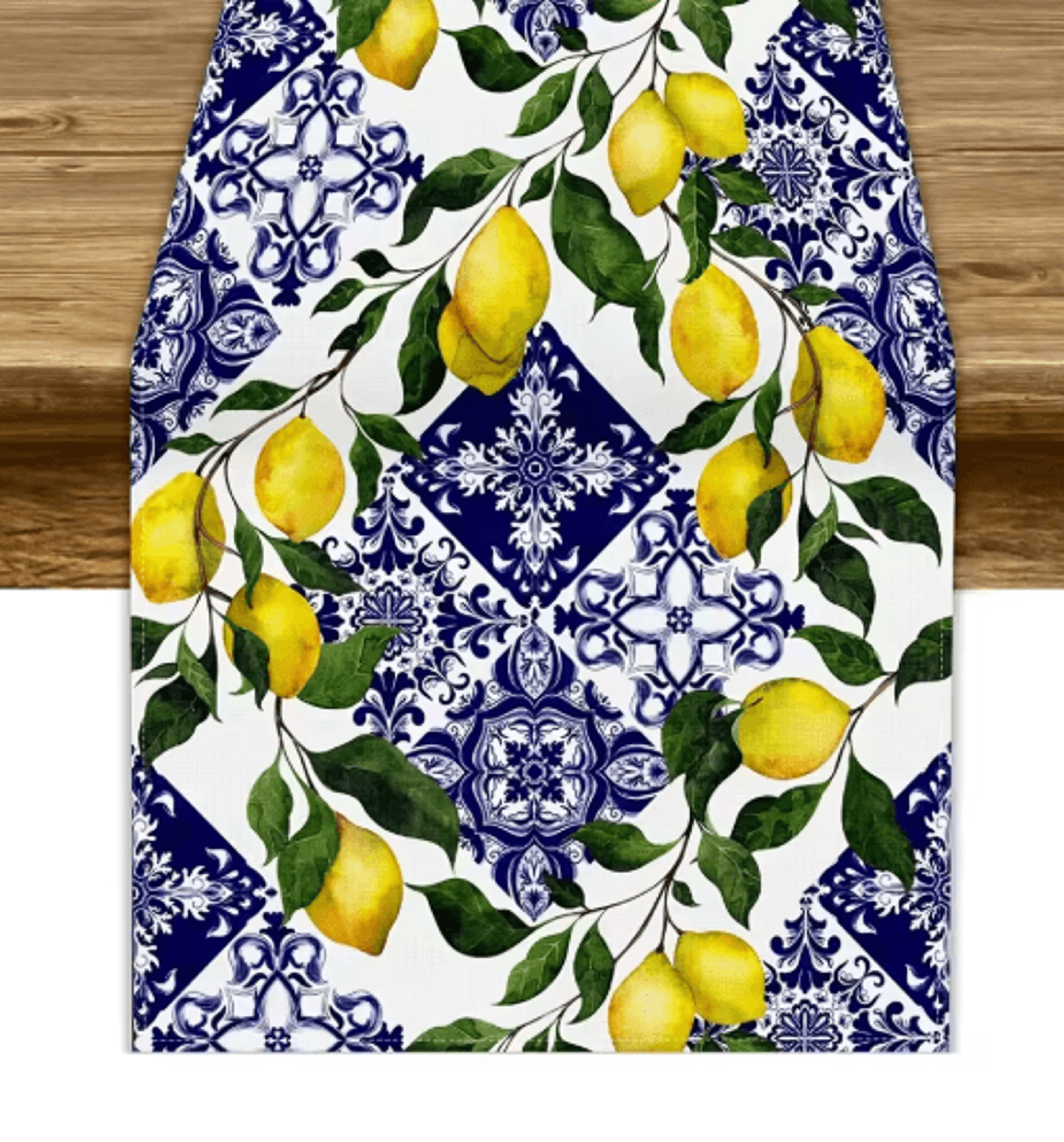 Blue Tile Lemon Table Runner Floral Linen Decor For Summer Dining  Parties 0