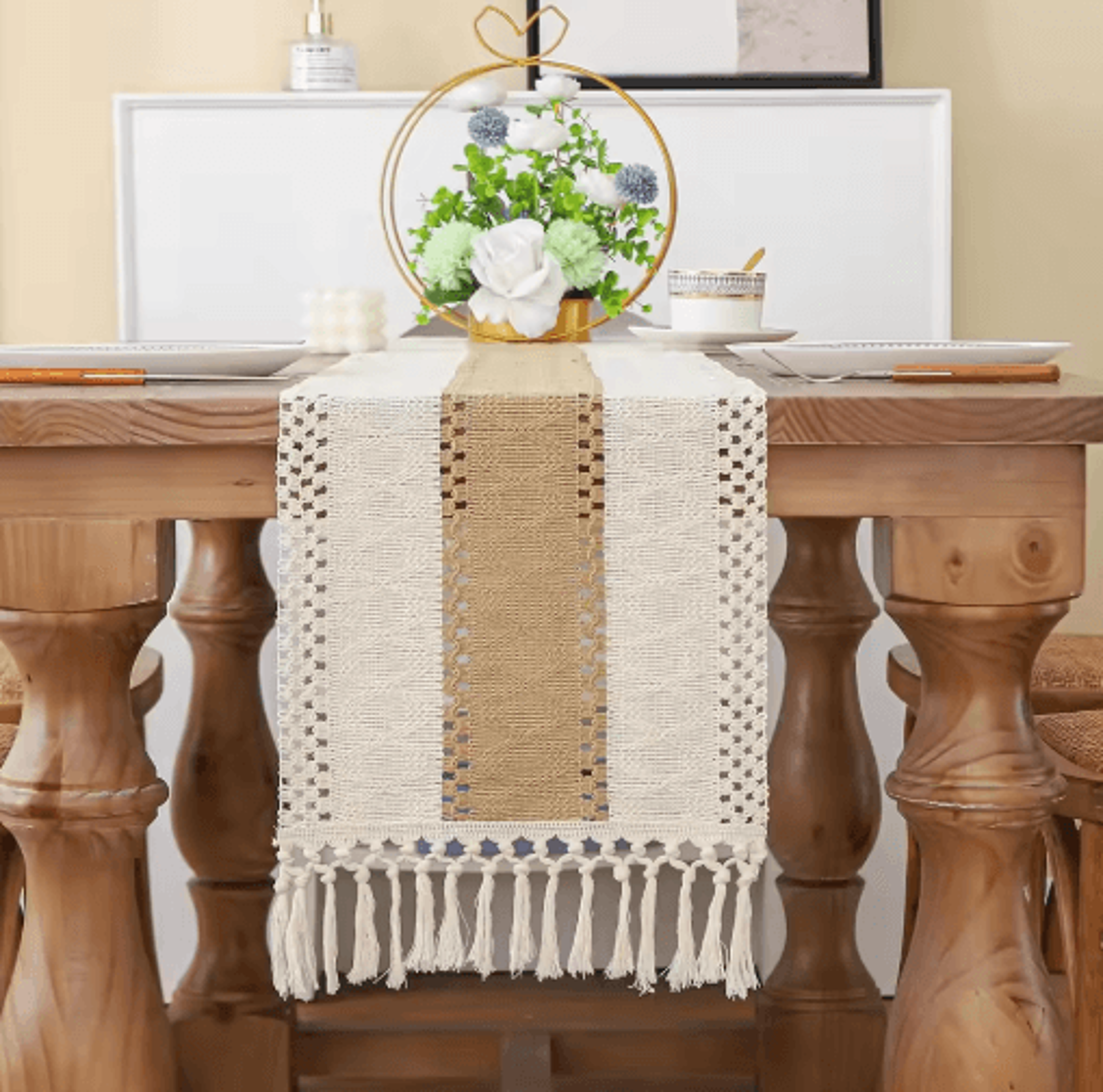 TerraWeave Boho Table Runner  Rustic Linen Macrame Decor With Tassels 3