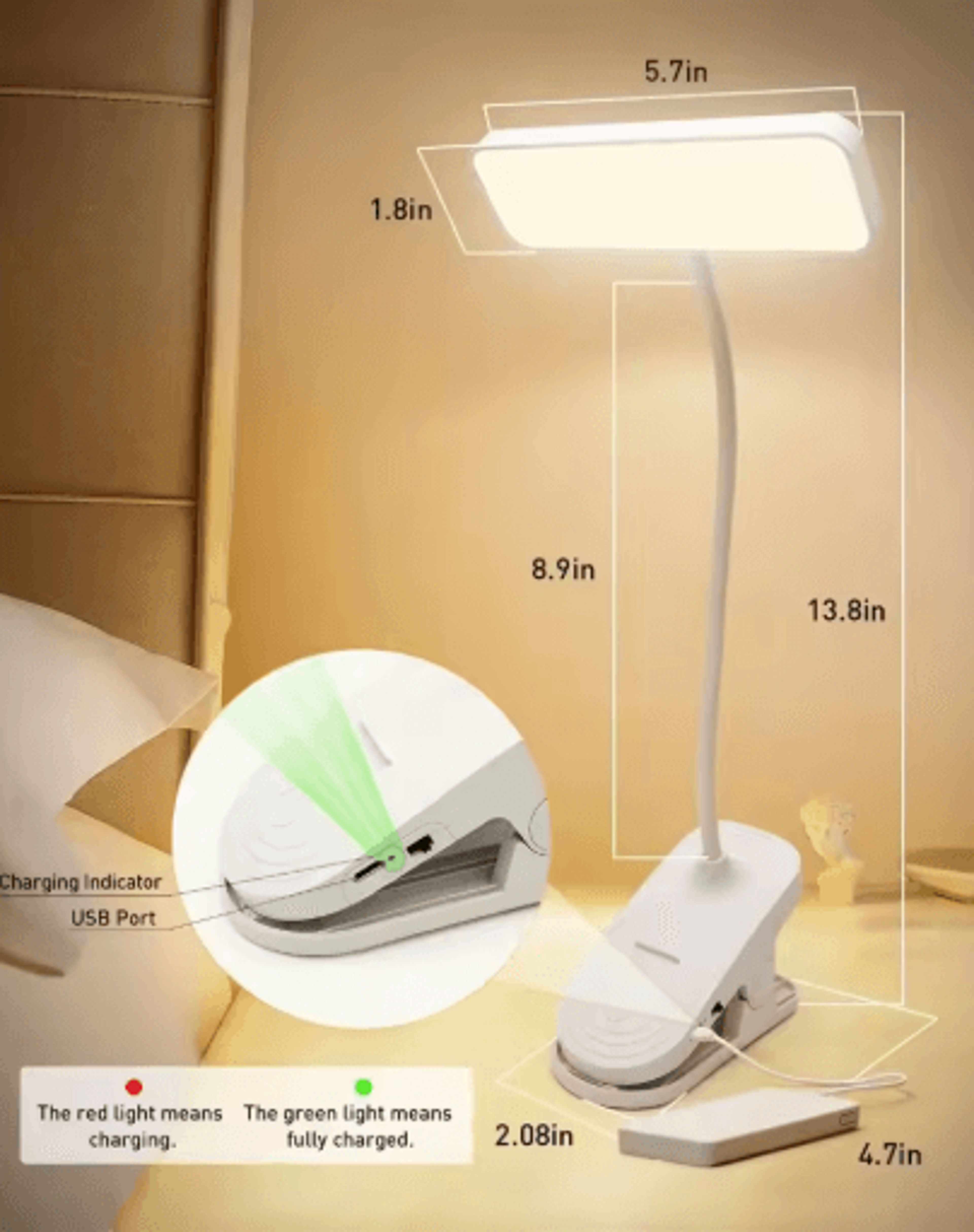 FlexiGlow LED Desk Lamp USB Rechargeable Clip On Reading Light With Eye Care 5