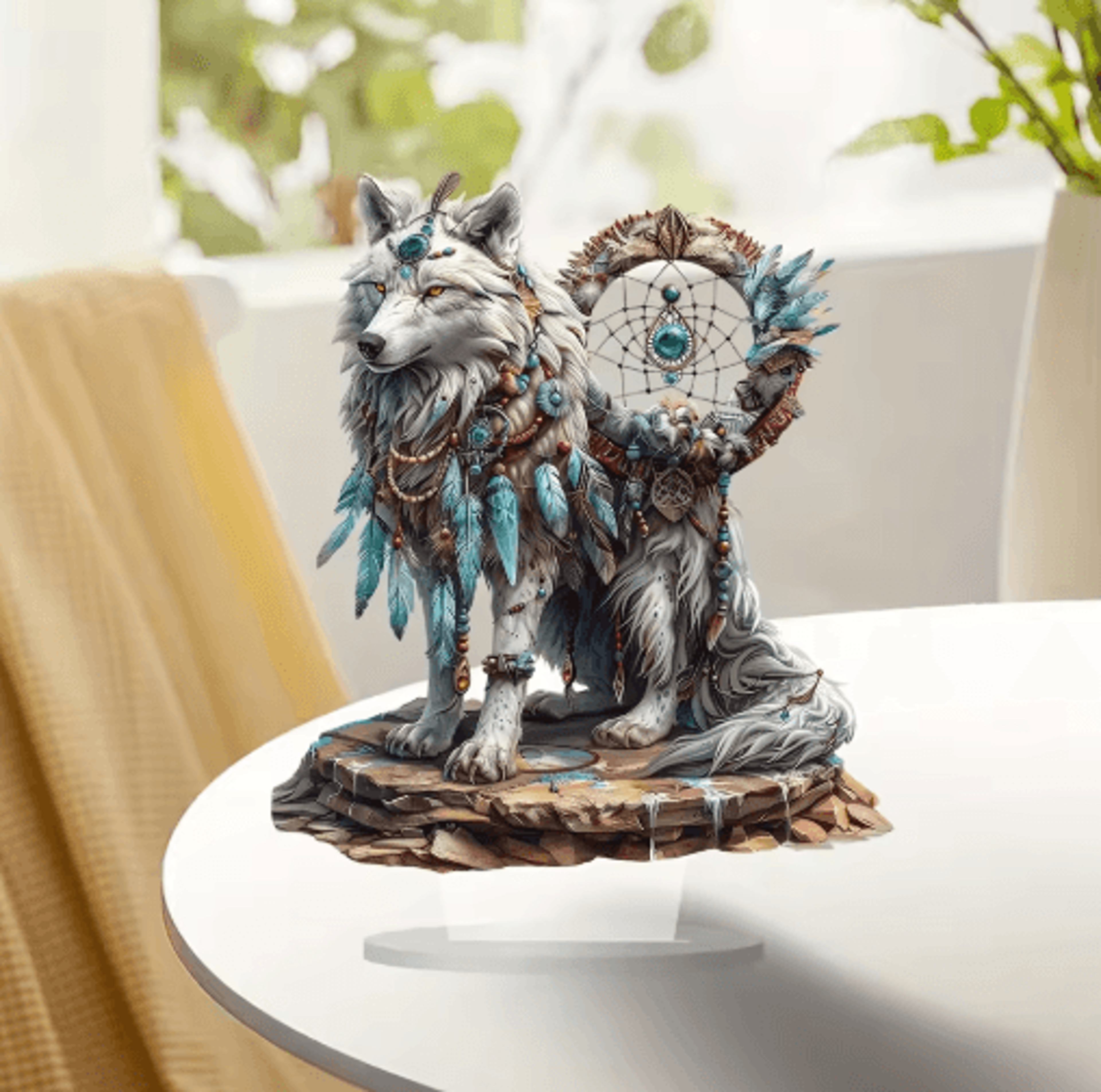 Majestic White Wolf Dream Catcher Acrylic Desk Decor Boho Chic Tabletop Sign 3
