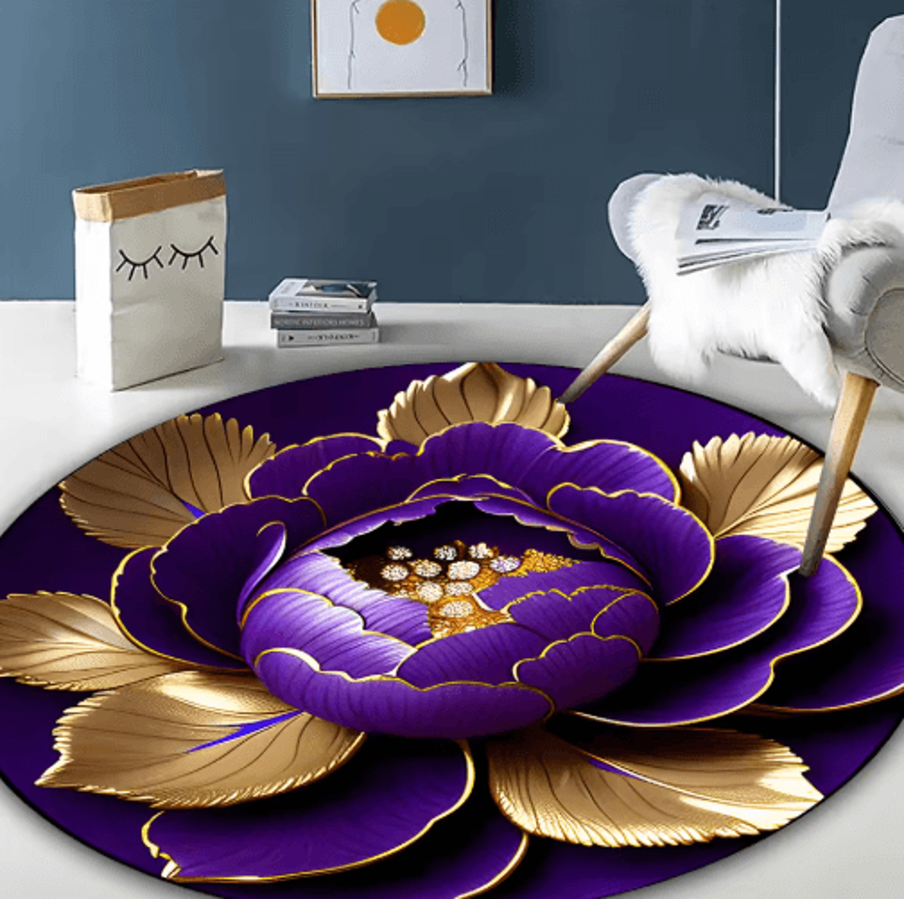 Purple Gold Peony Round Rug  Washable Floral Area Carpet For Living Room  Bedroom Decor 3