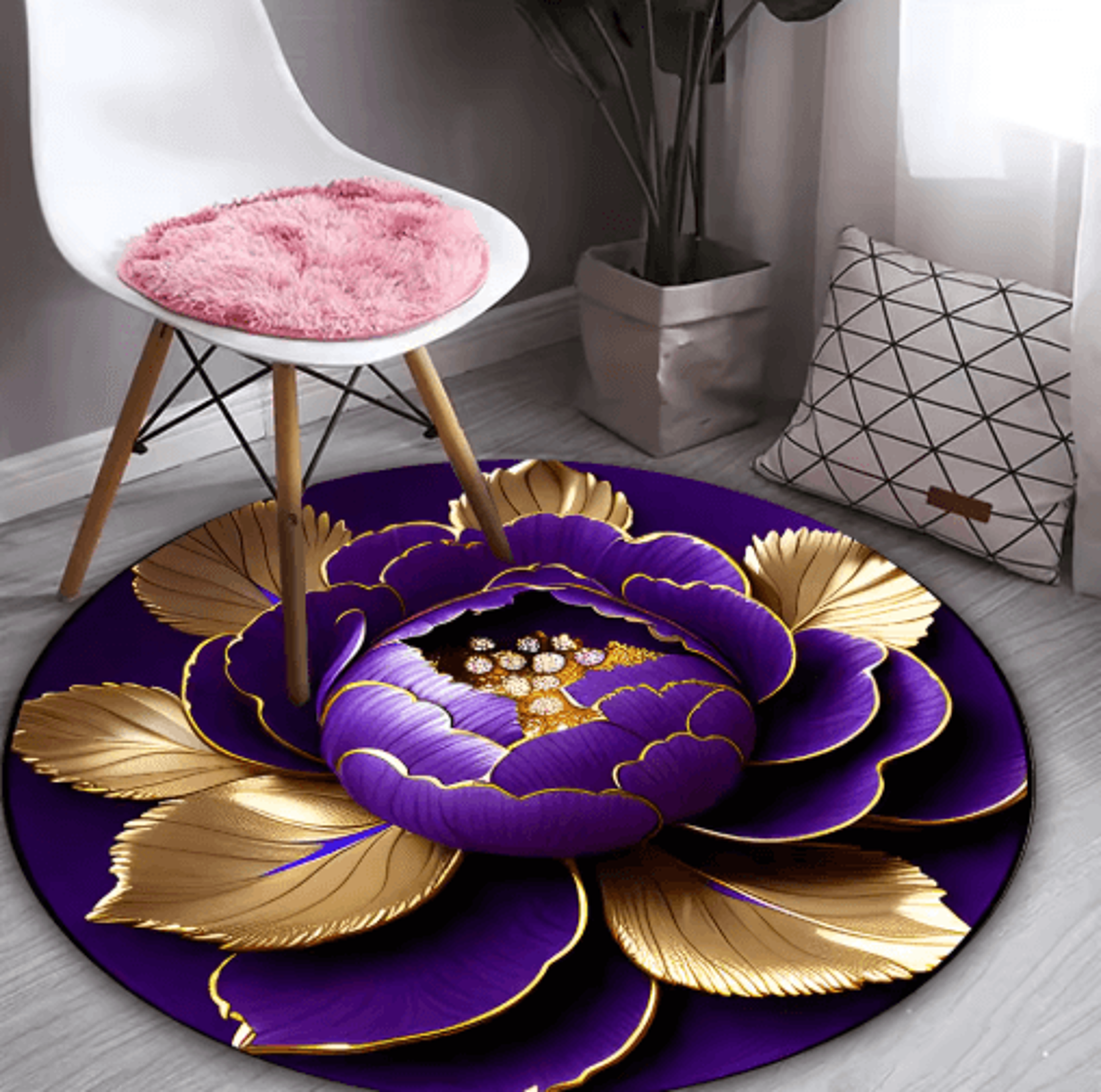 Purple Gold Peony Round Rug  Washable Floral Area Carpet For Living Room  Bedroom Decor 4