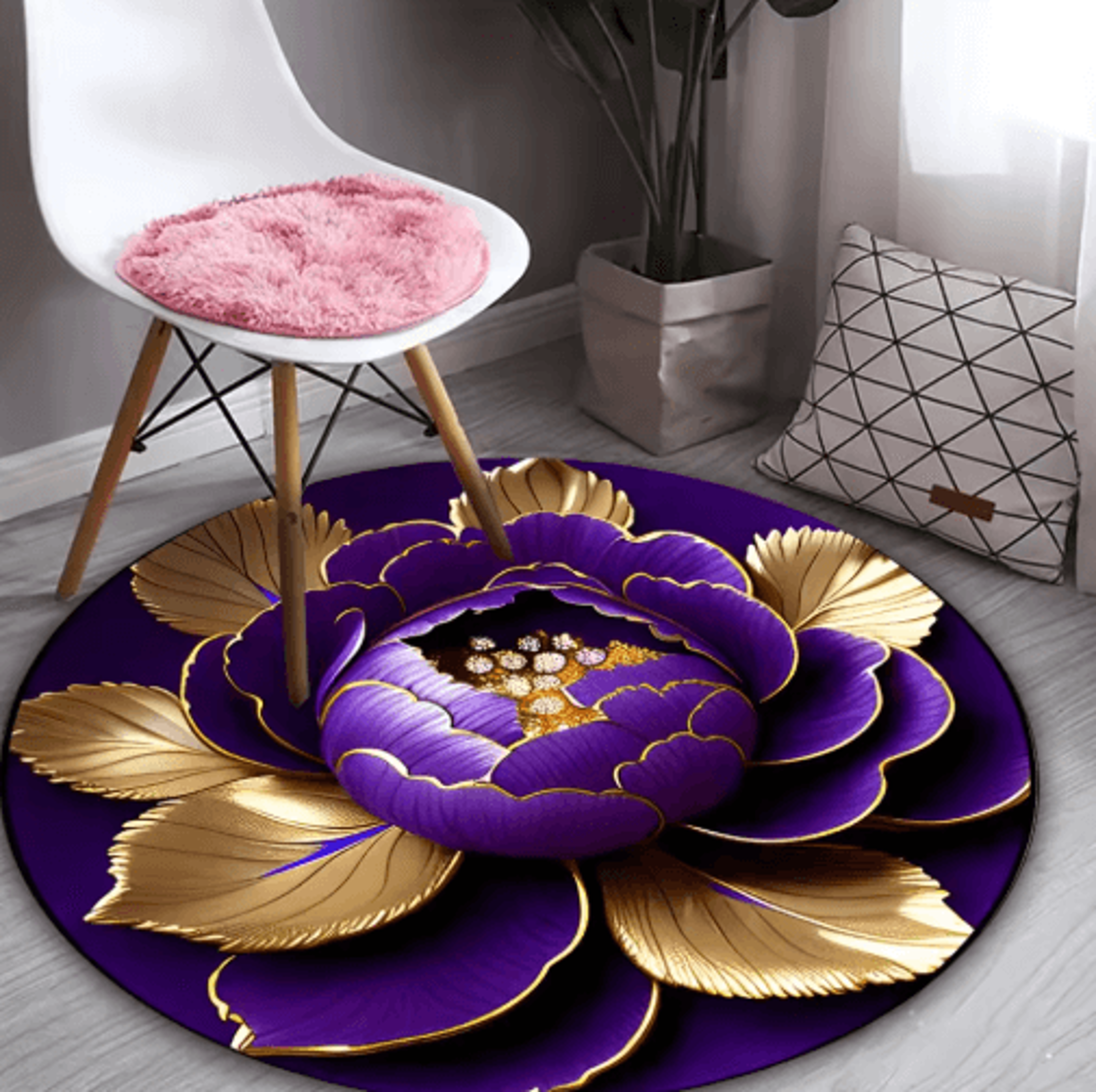 Purple Gold Peony Round Rug  Washable Floral Area Carpet For Living Room  Bedroom Decor 7