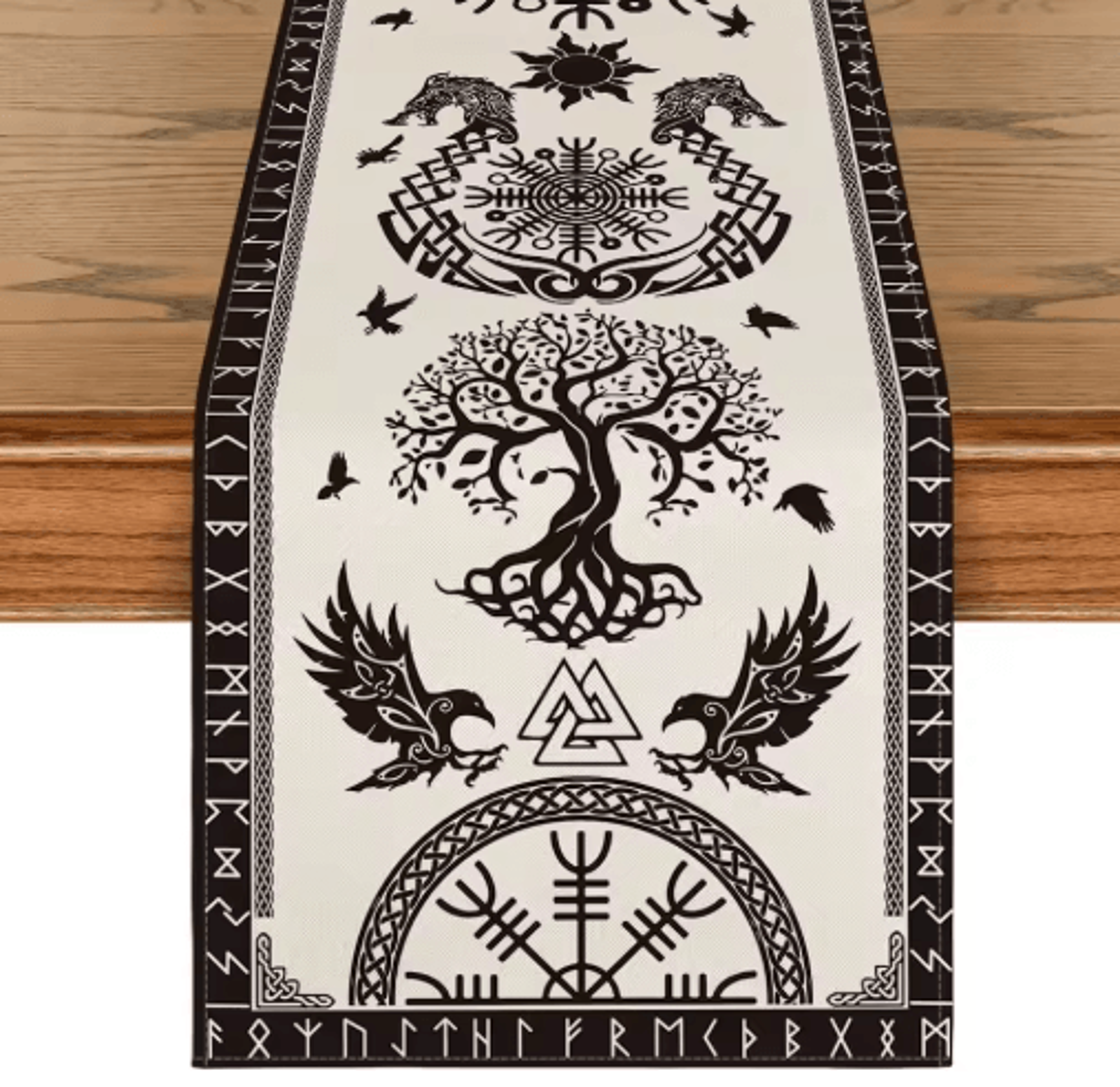 Vintage Viking Raven Linen Table Runner Norse Helm Of Awe Dining Decor 2