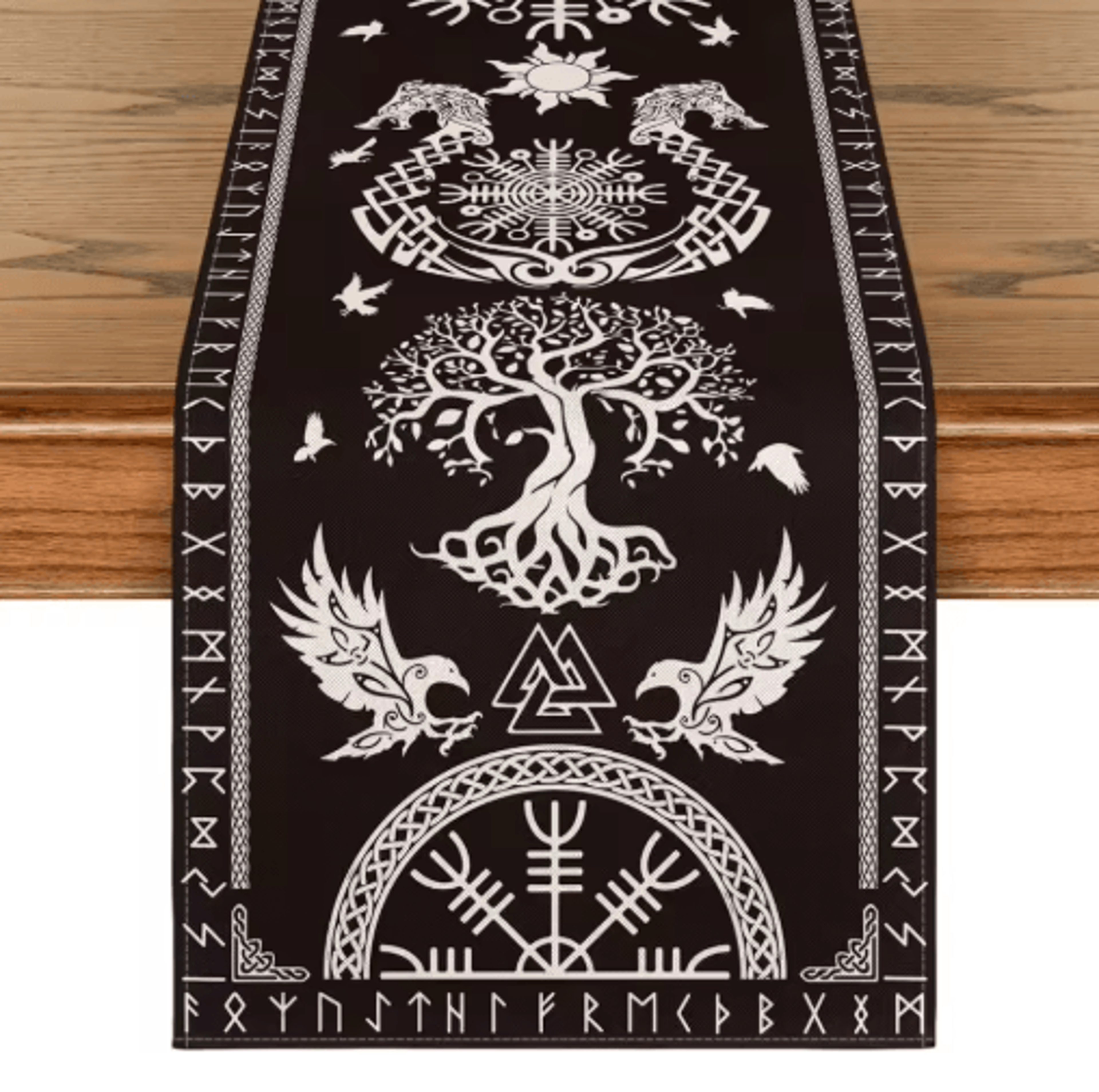Vintage Viking Raven Linen Table Runner Norse Helm Of Awe Dining Decor 3
