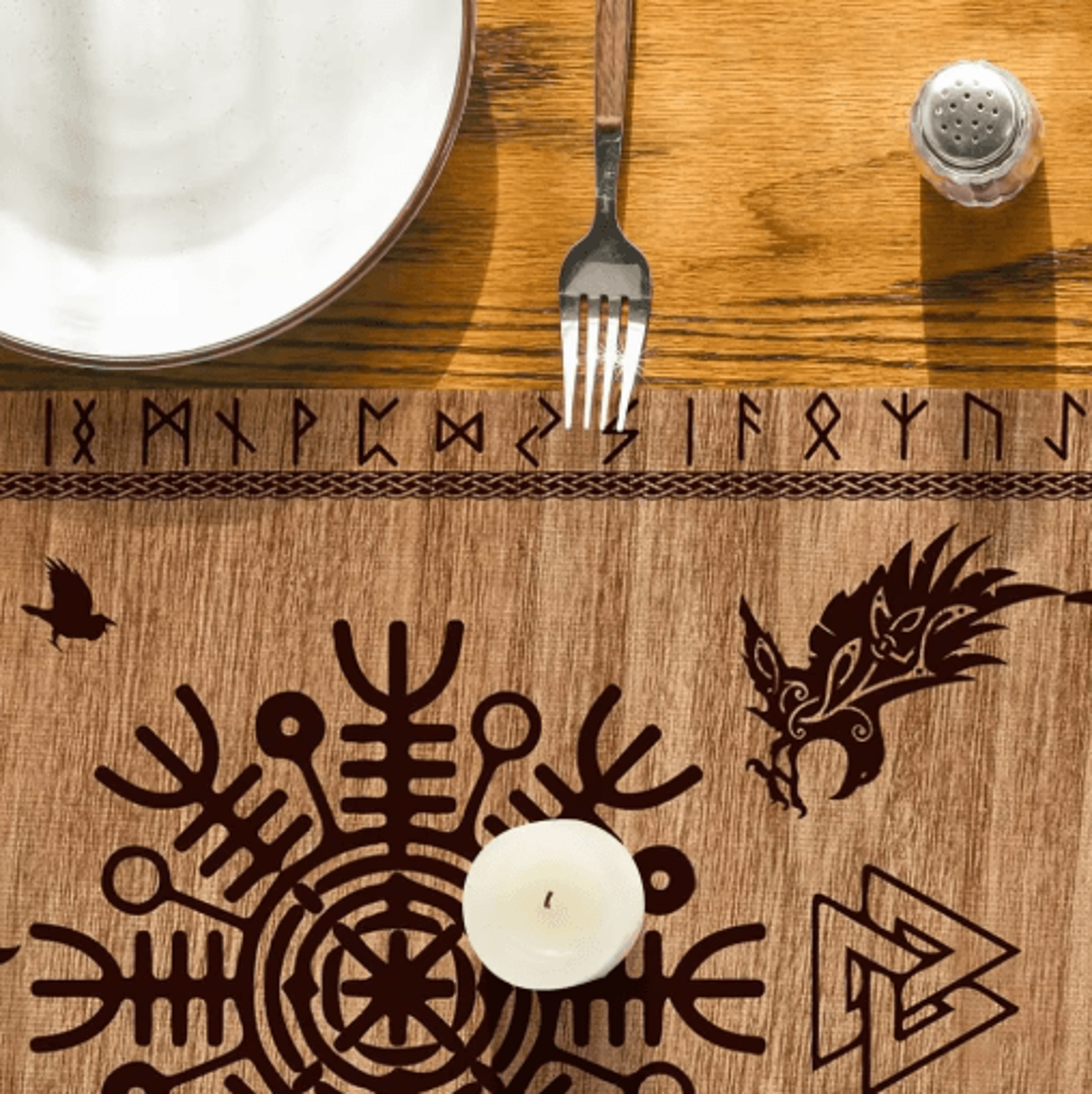 Vintage Viking Raven Linen Table Runner Norse Helm Of Awe Dining Decor 4