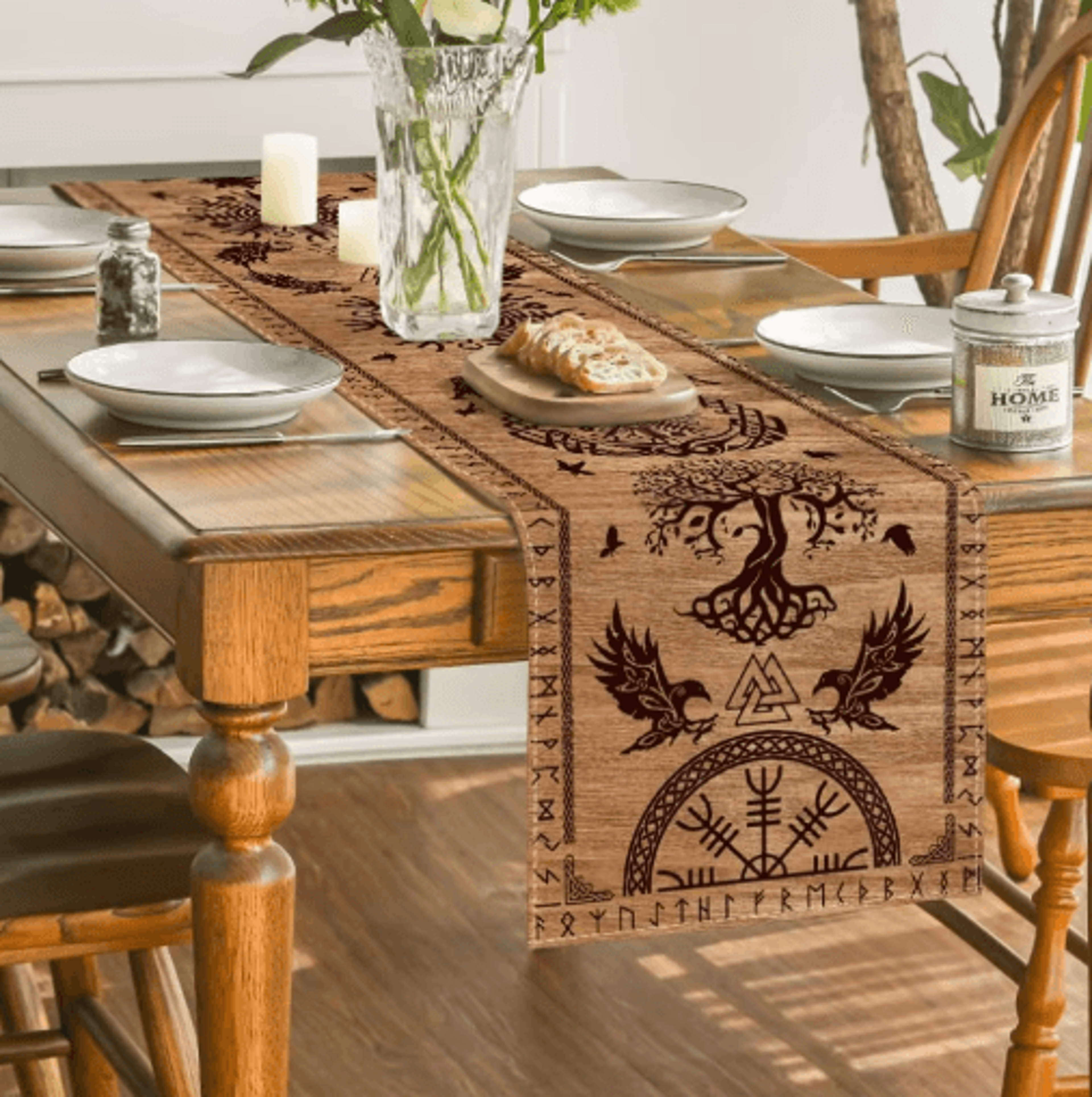 Vintage Viking Raven Linen Table Runner Norse Helm Of Awe Dining Decor 5