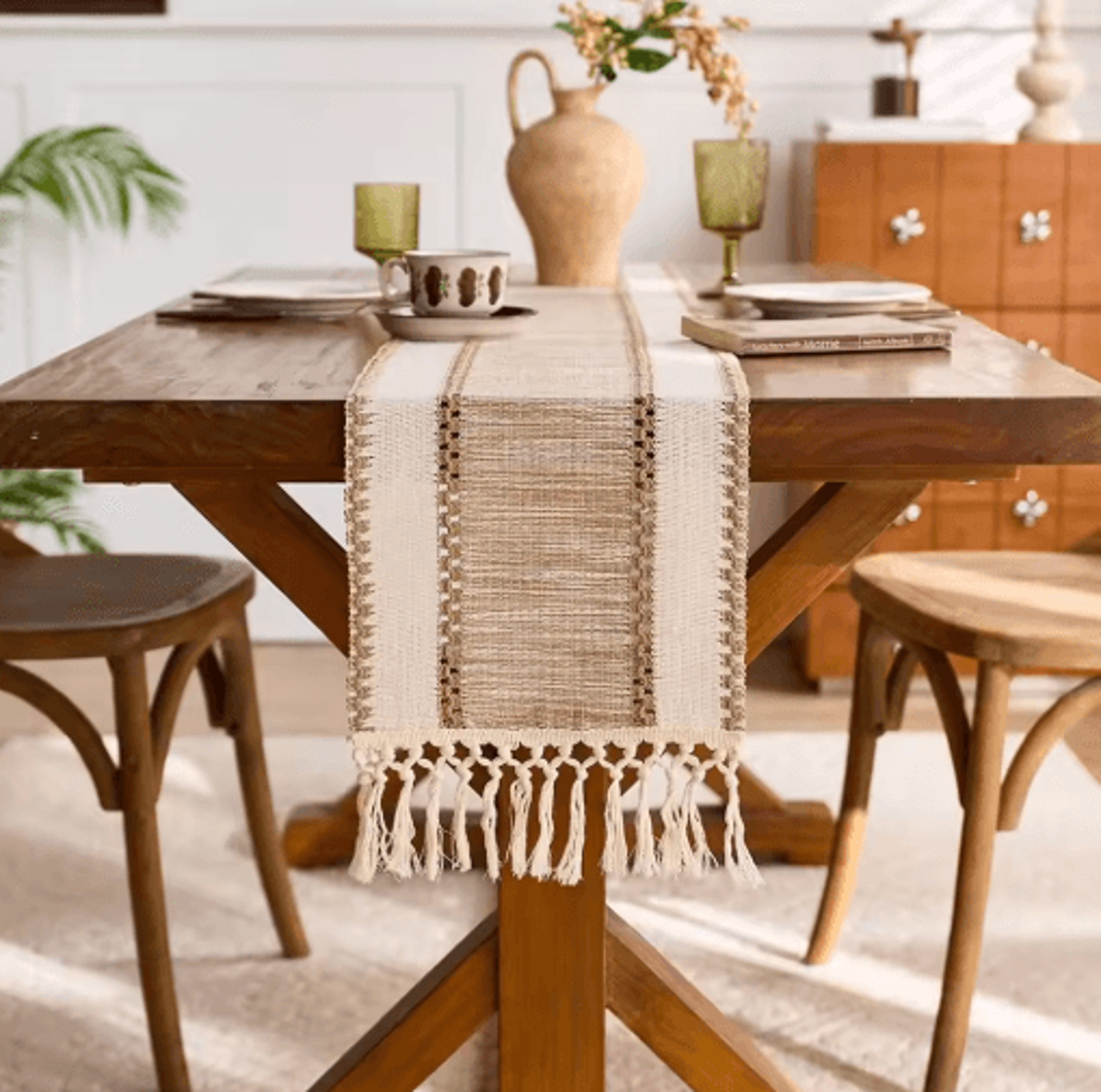 Nordic Boho Striped Green Table Runner Handwoven Tassel Decor for Rustic Tables – view 9