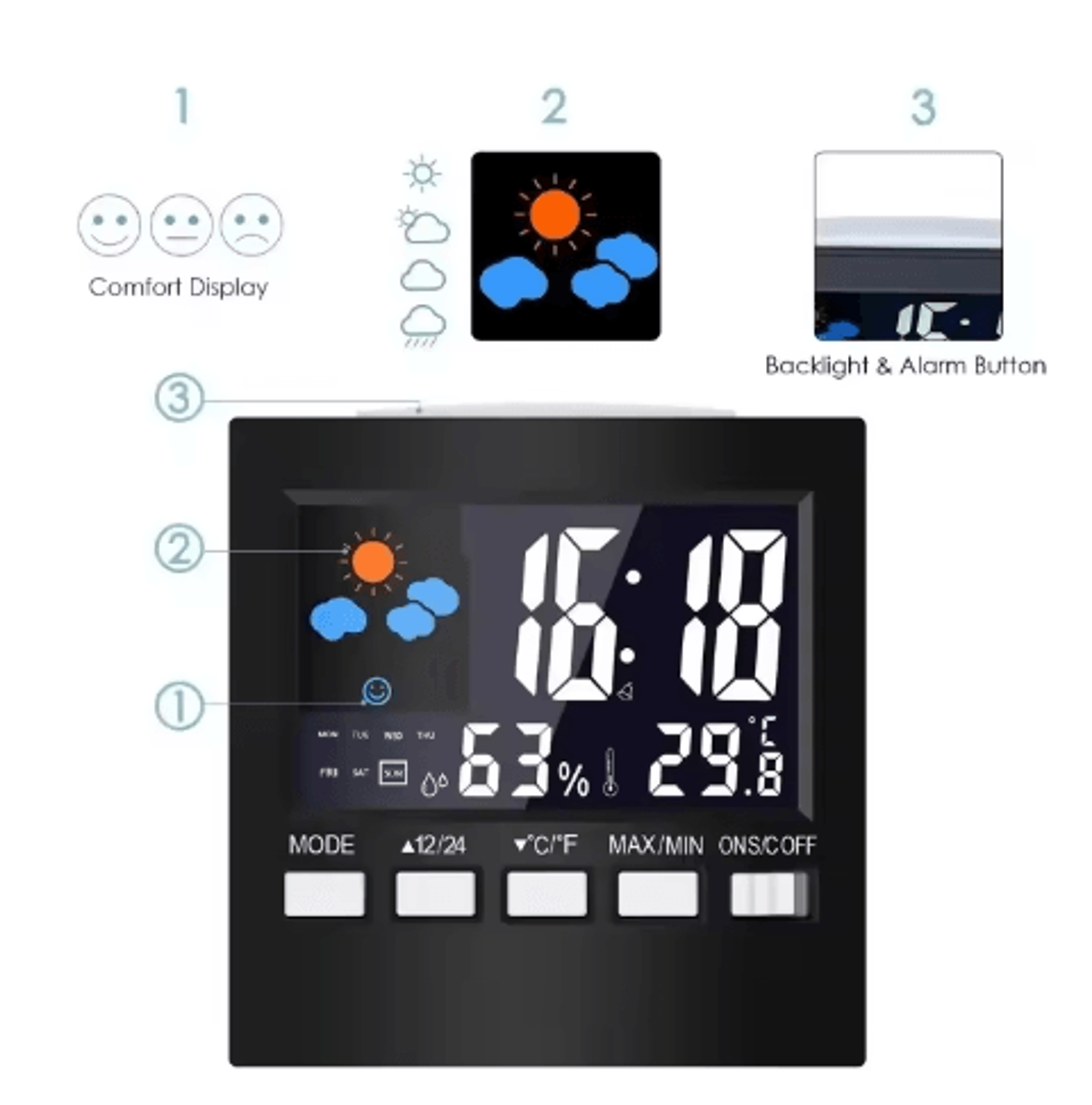 Smart Weather Forecast Station  LCD Indoor Temperature  Humidity Monitor With Alarm Clock 4