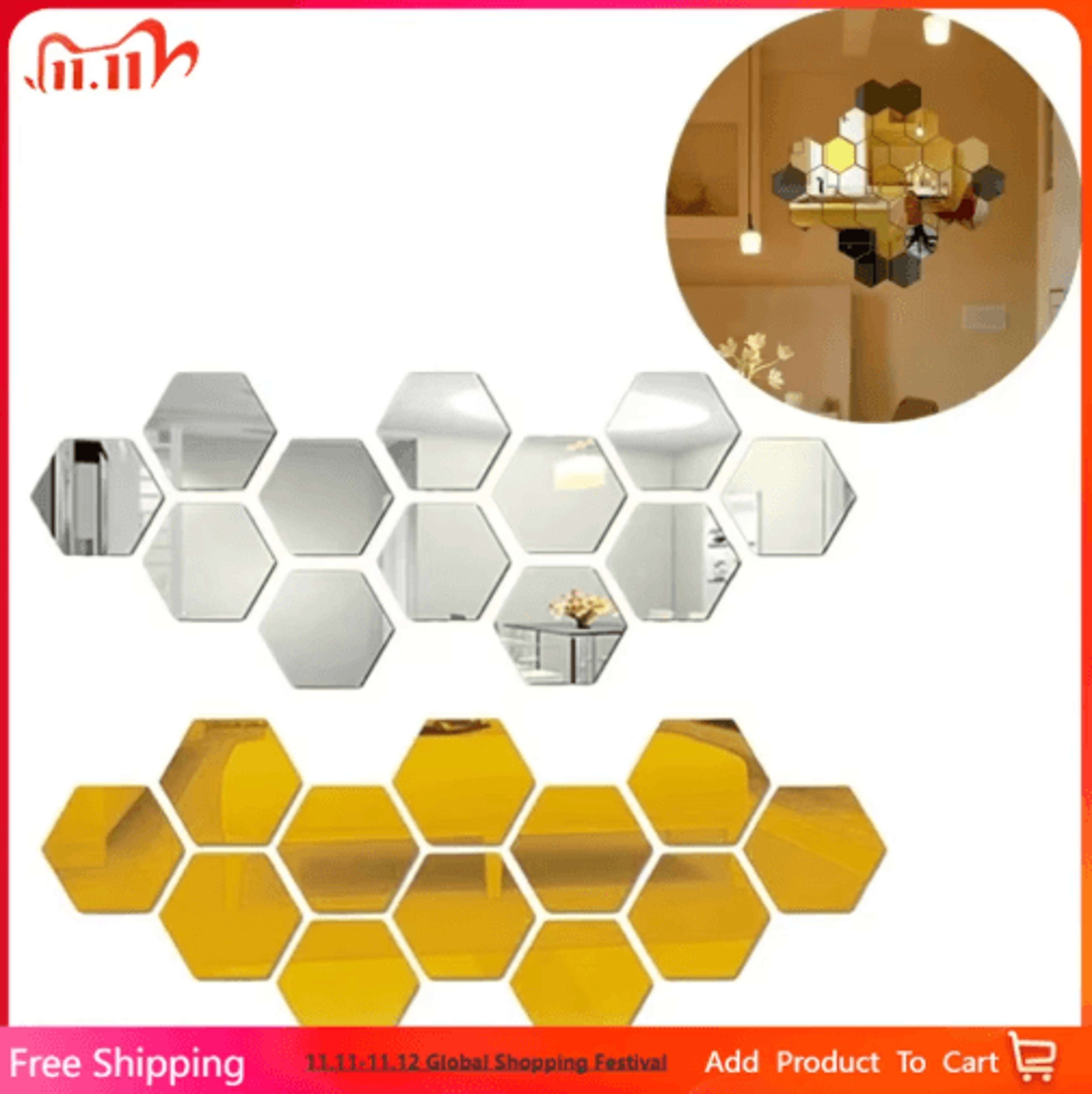 12PCS Hexagon Mirror Wall Stickers  Acrylic SelfAdhesive DIY Mosaic Decor 0