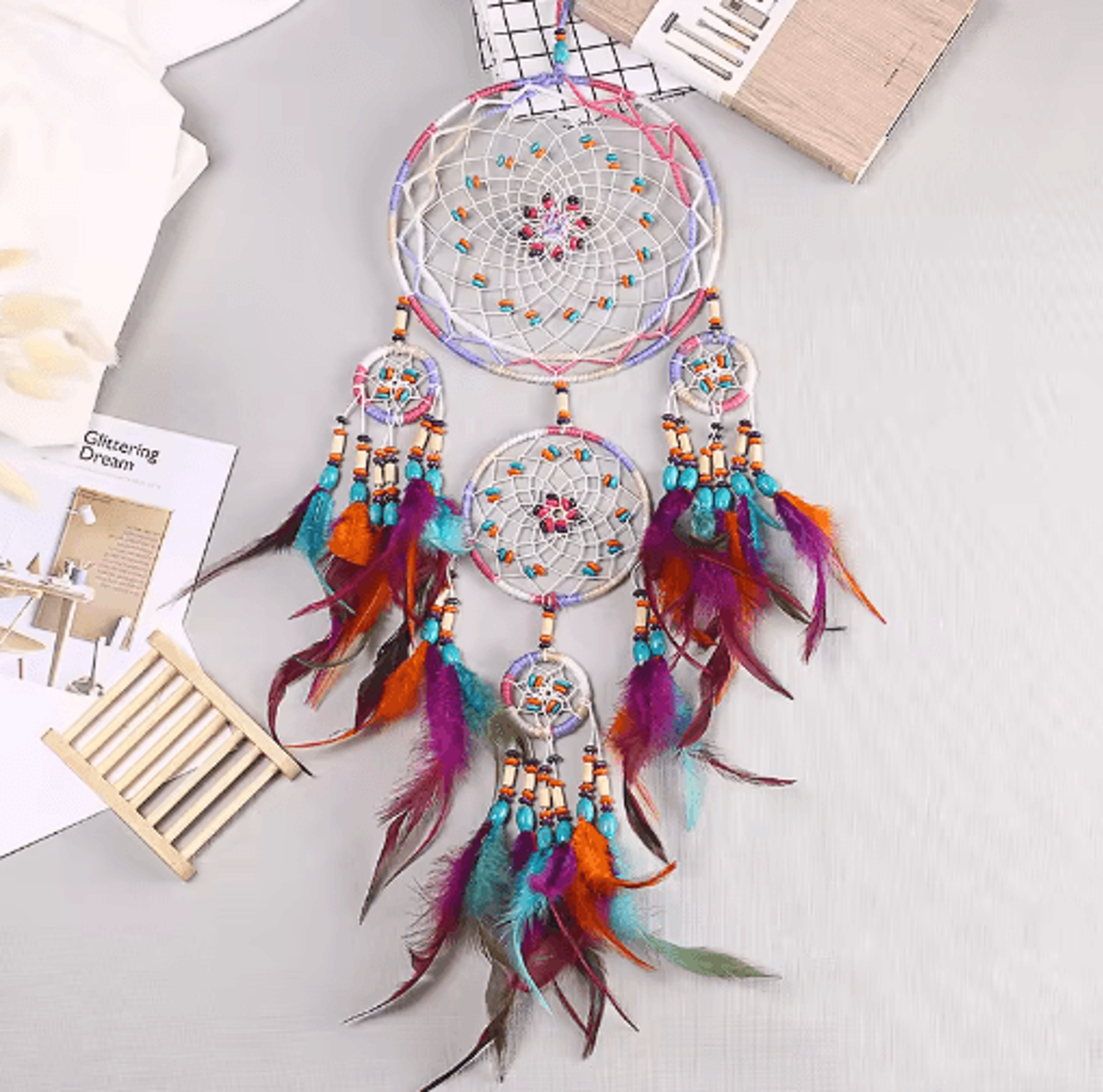 Handmade Five Ring Dream Catcher Boho Wall Hanging Ornament For Bedroom  Living Room 5