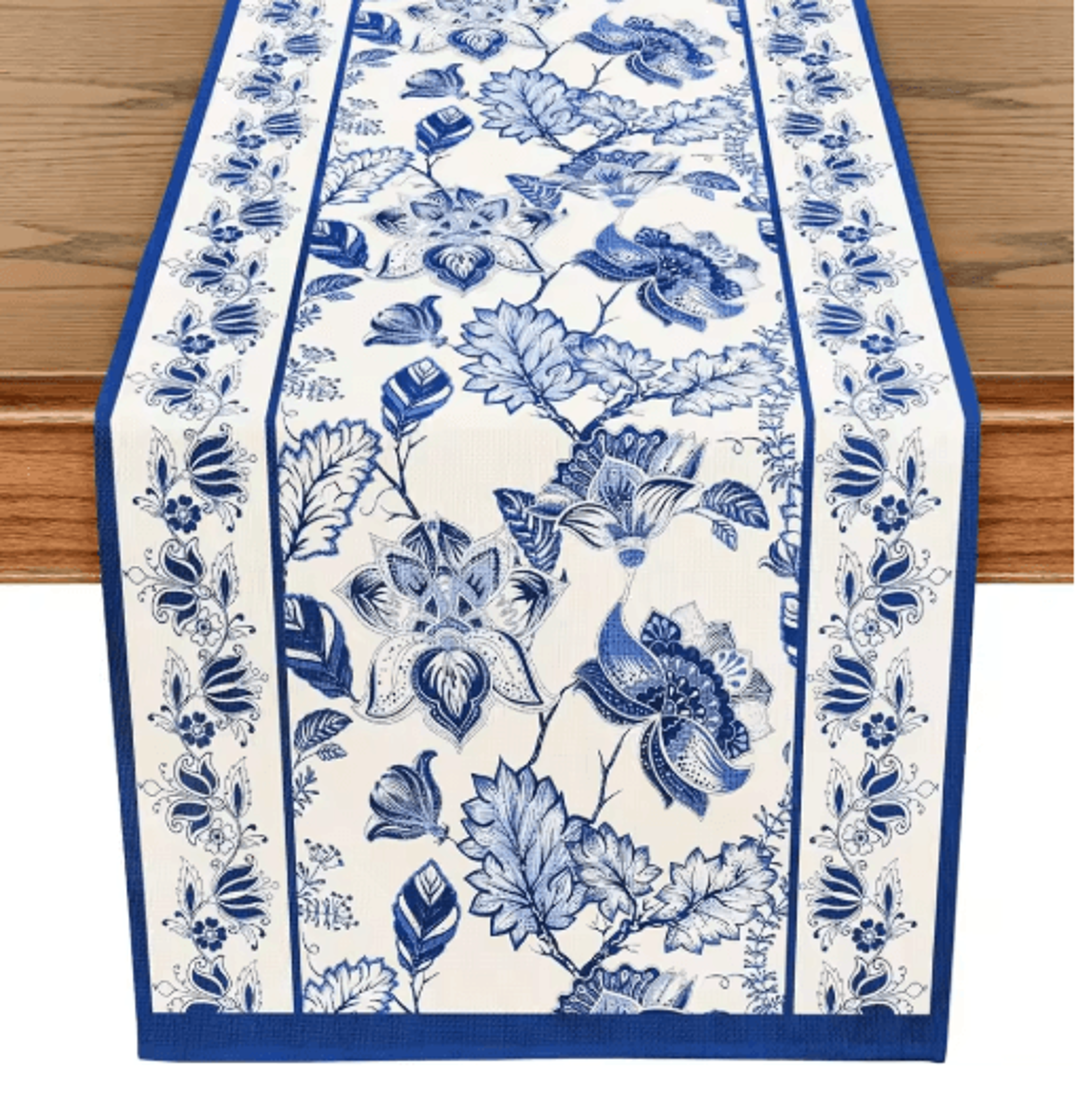 Elegant Blue Floral Table Runner  Linen Farmhouse Summer Dining  Wedding Decor 0