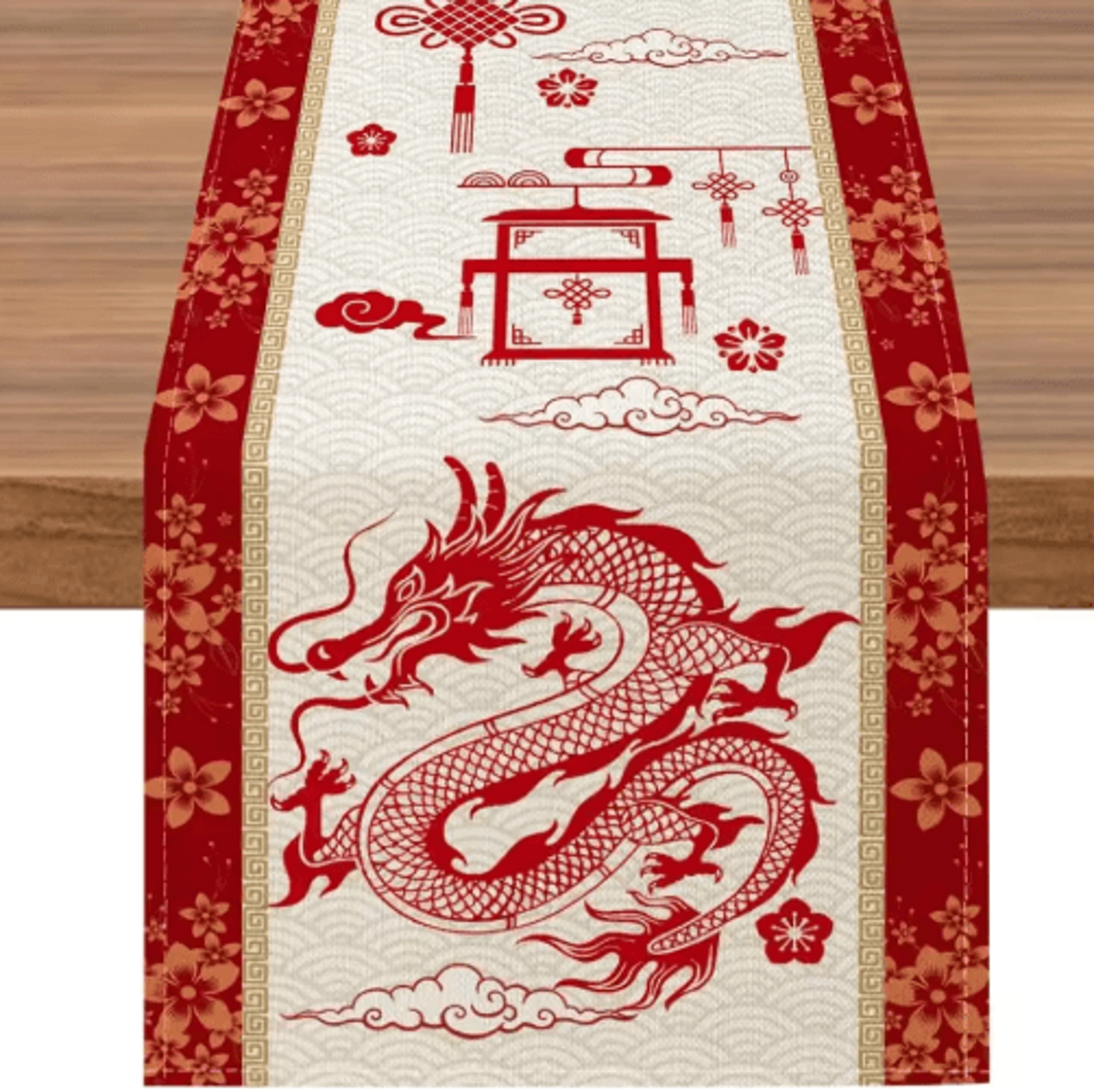 Festive Chinese New Year Table Runner  Year Of The Dragon Linen Dining Decor 0