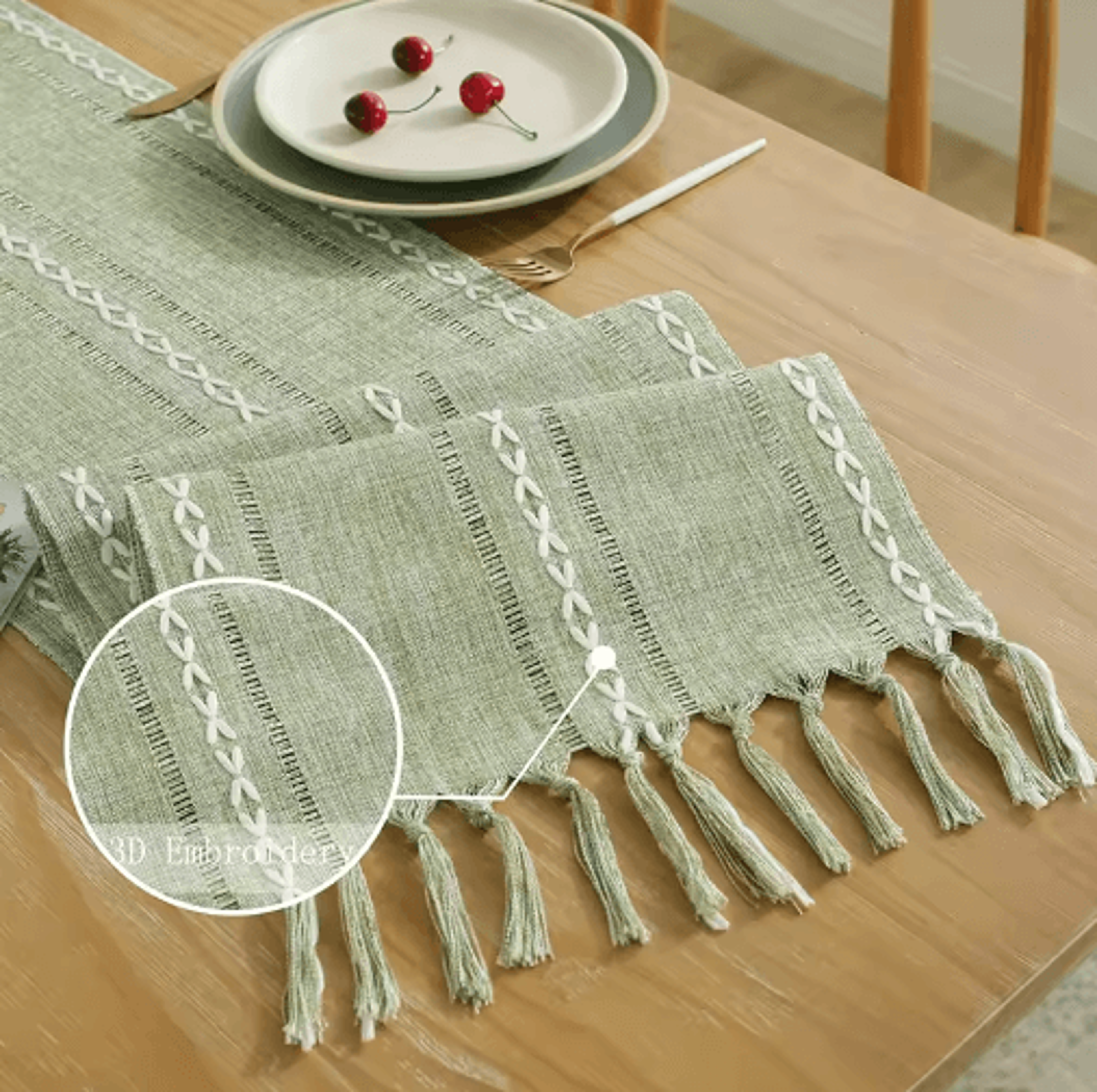 Boho Green Table Runner  Cotton Linen Tassel Farmhouse Dining Decor 7
