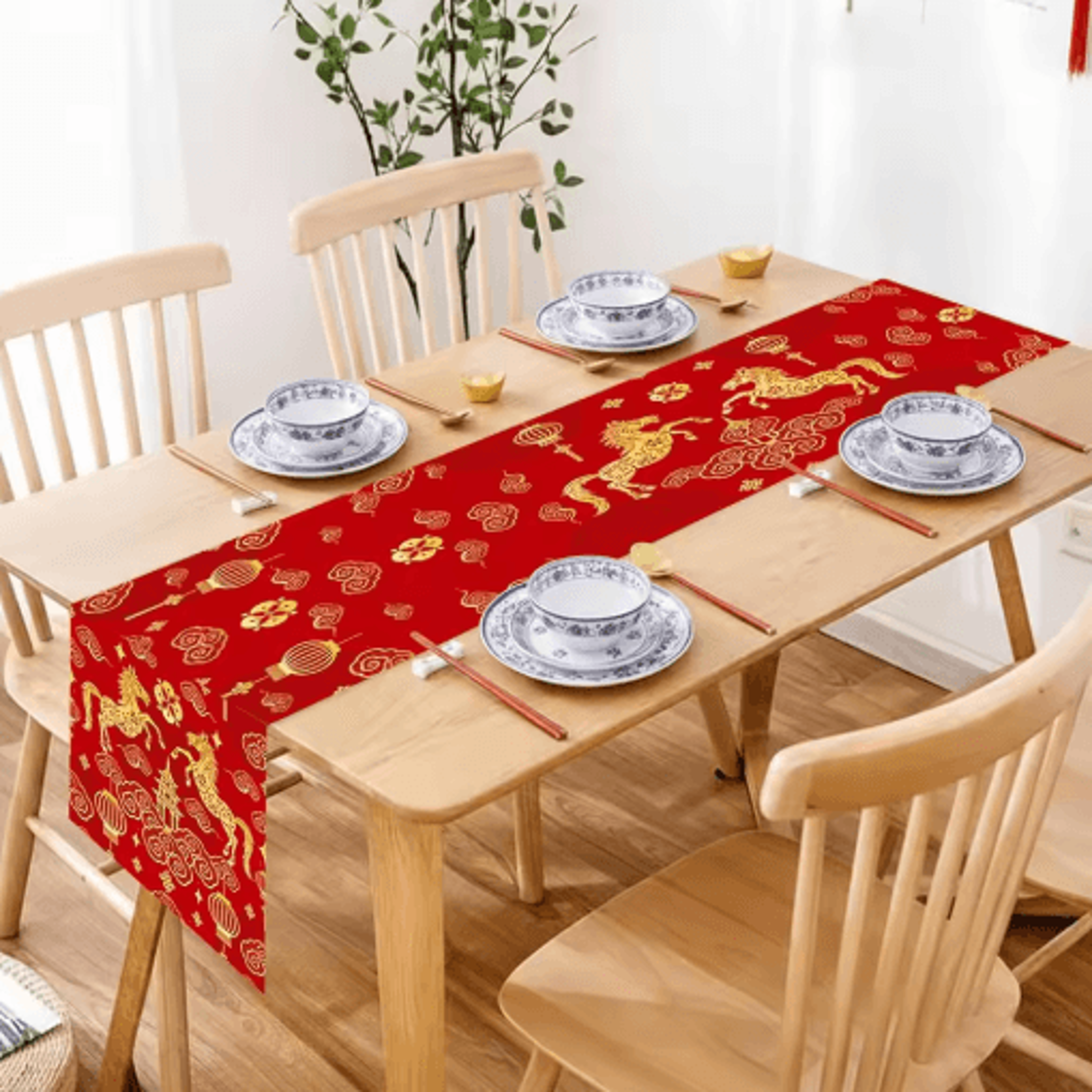 Chinese New Year Linen Table Runner Zodiac Horse Spring Festival Decor 6