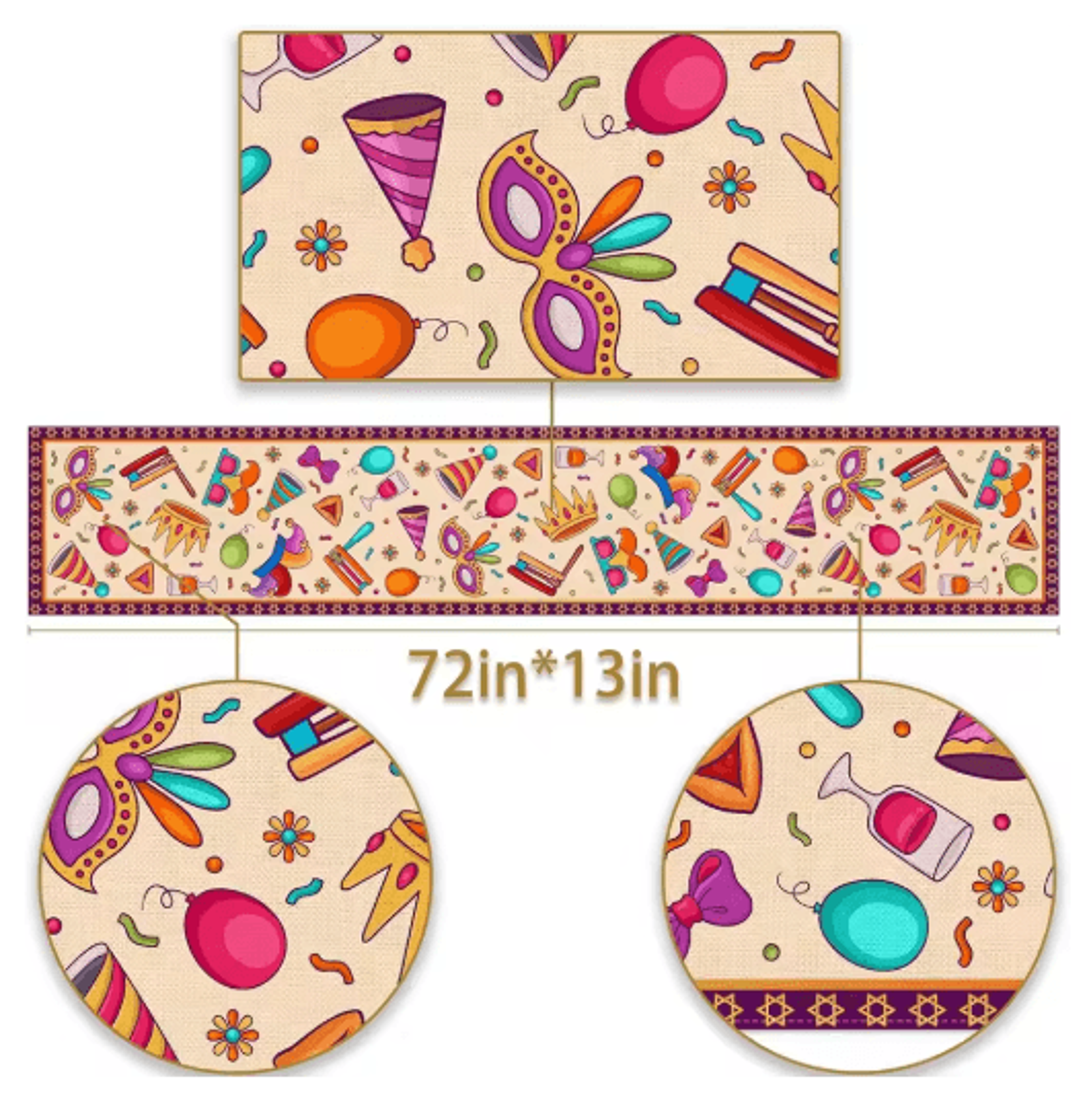 Happy Purim Linen Table Runner Festive Masquerade Jewish Holiday Table Decor 3
