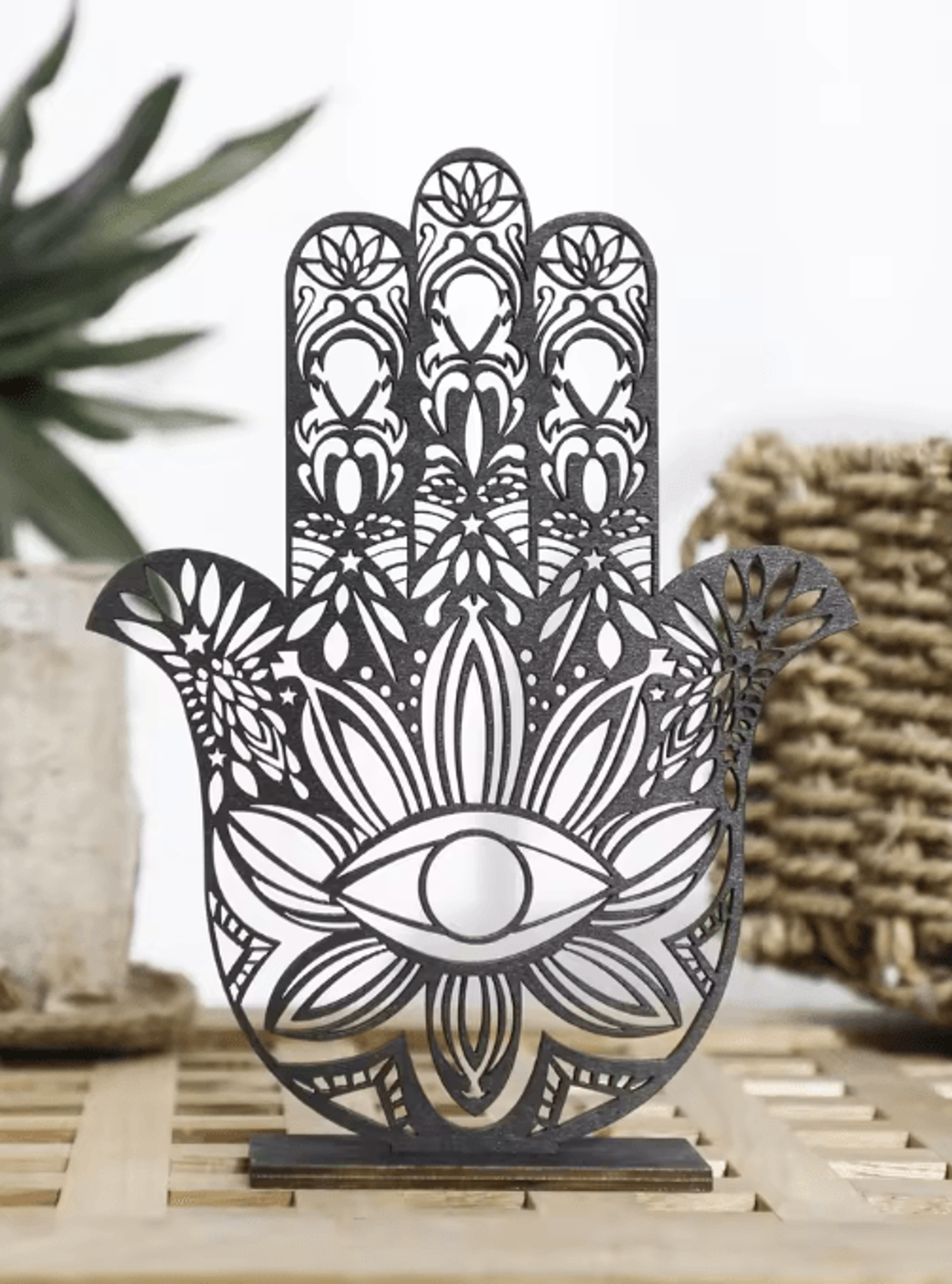 Black Wooden Hamsa Hand Decor With Evil Eye Boho Spiritual Desk Accent 1