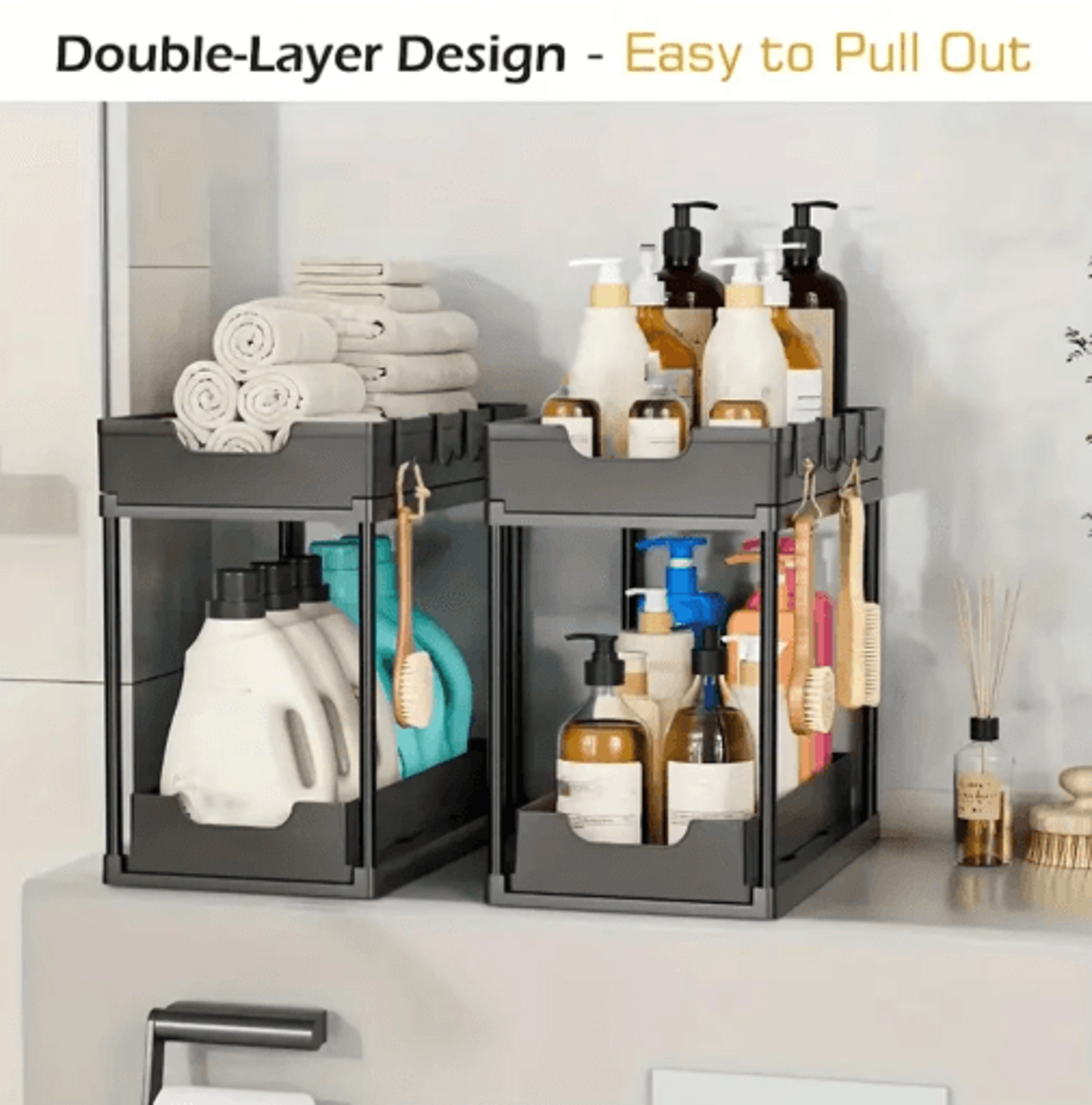 DoubleLayer PullOut Under Sink Storage Rack  Multifunction Kitchen Organizer With Hooks 4