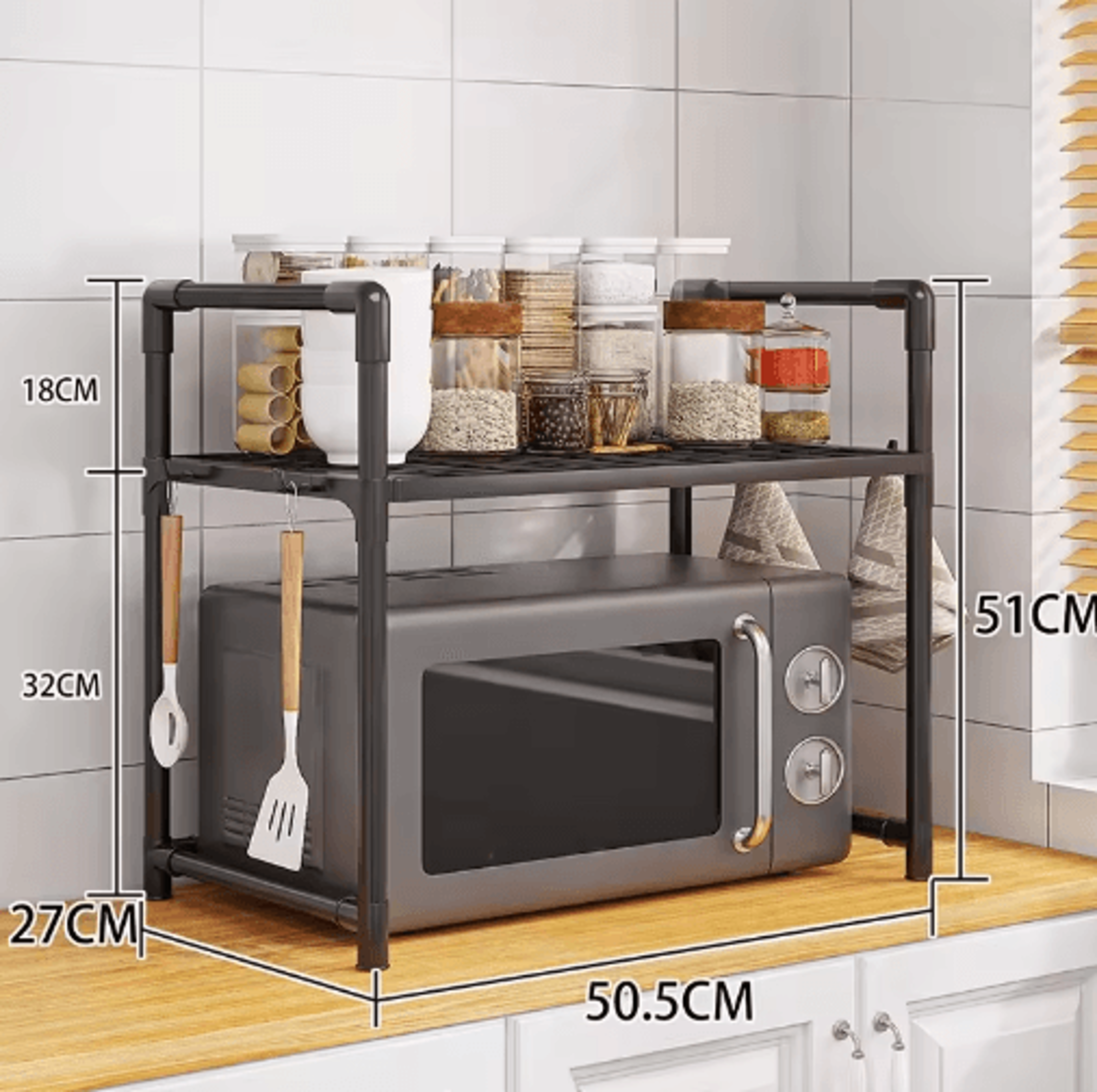 Adjustable Microwave Storage Rack  MultiPurpose Kitchen Shelf With Hooks 2