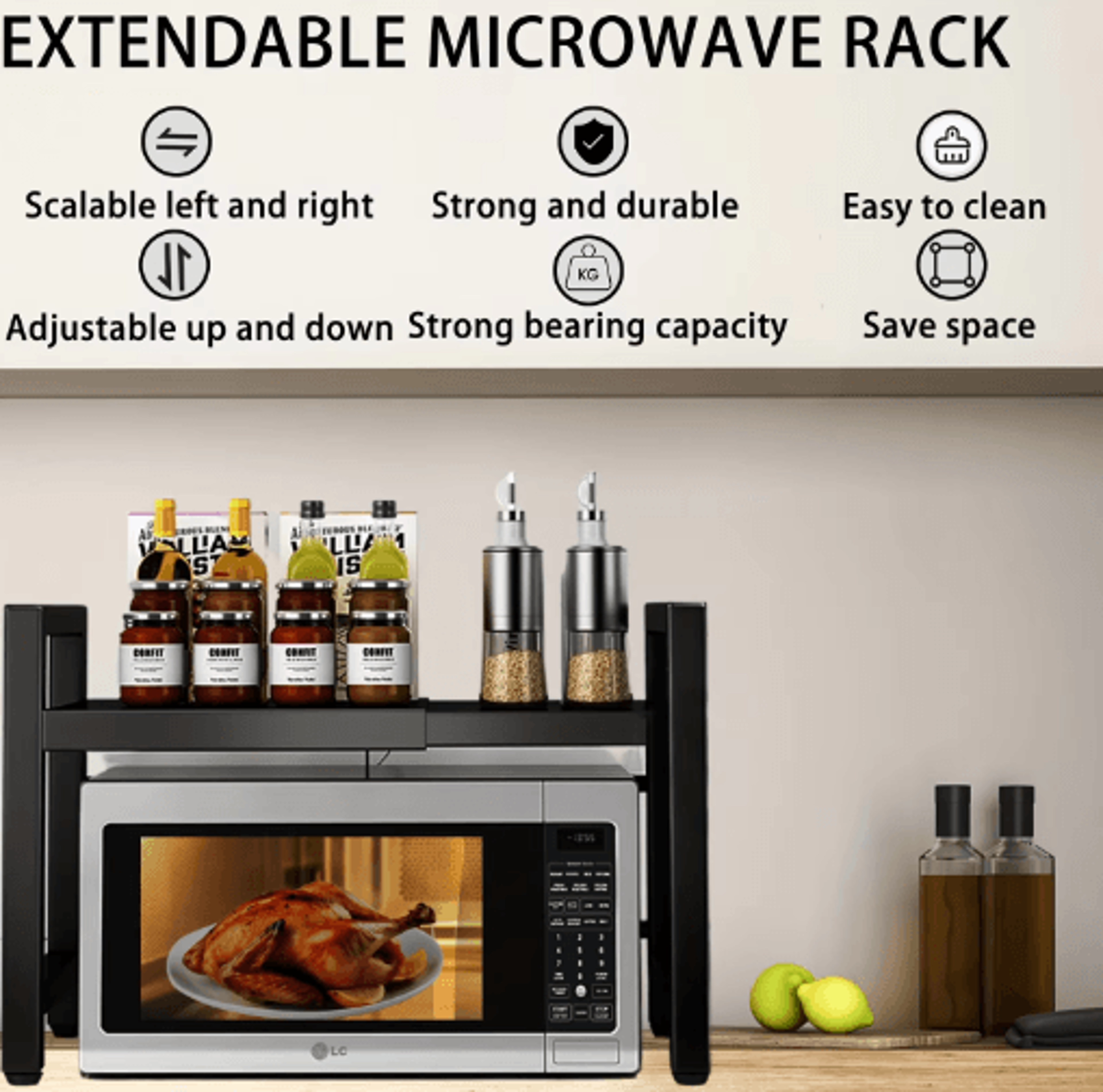 Expandable Microwave Shelf Rack  Adjustable Kitchen Organizer With 6 Hooks 7