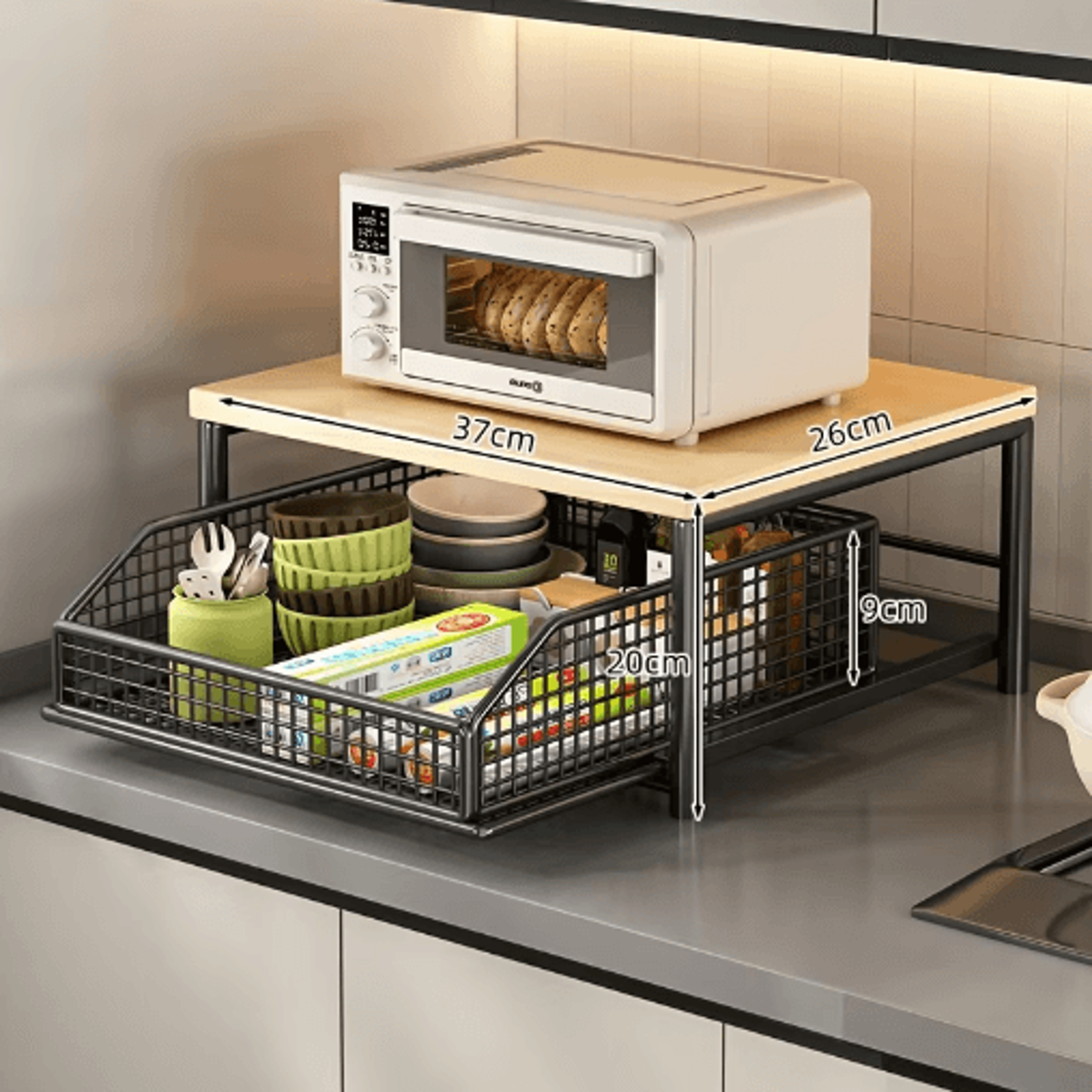 Modern Wood  Metal Microwave Storage Rack Space Saving Countertop Organizer 4