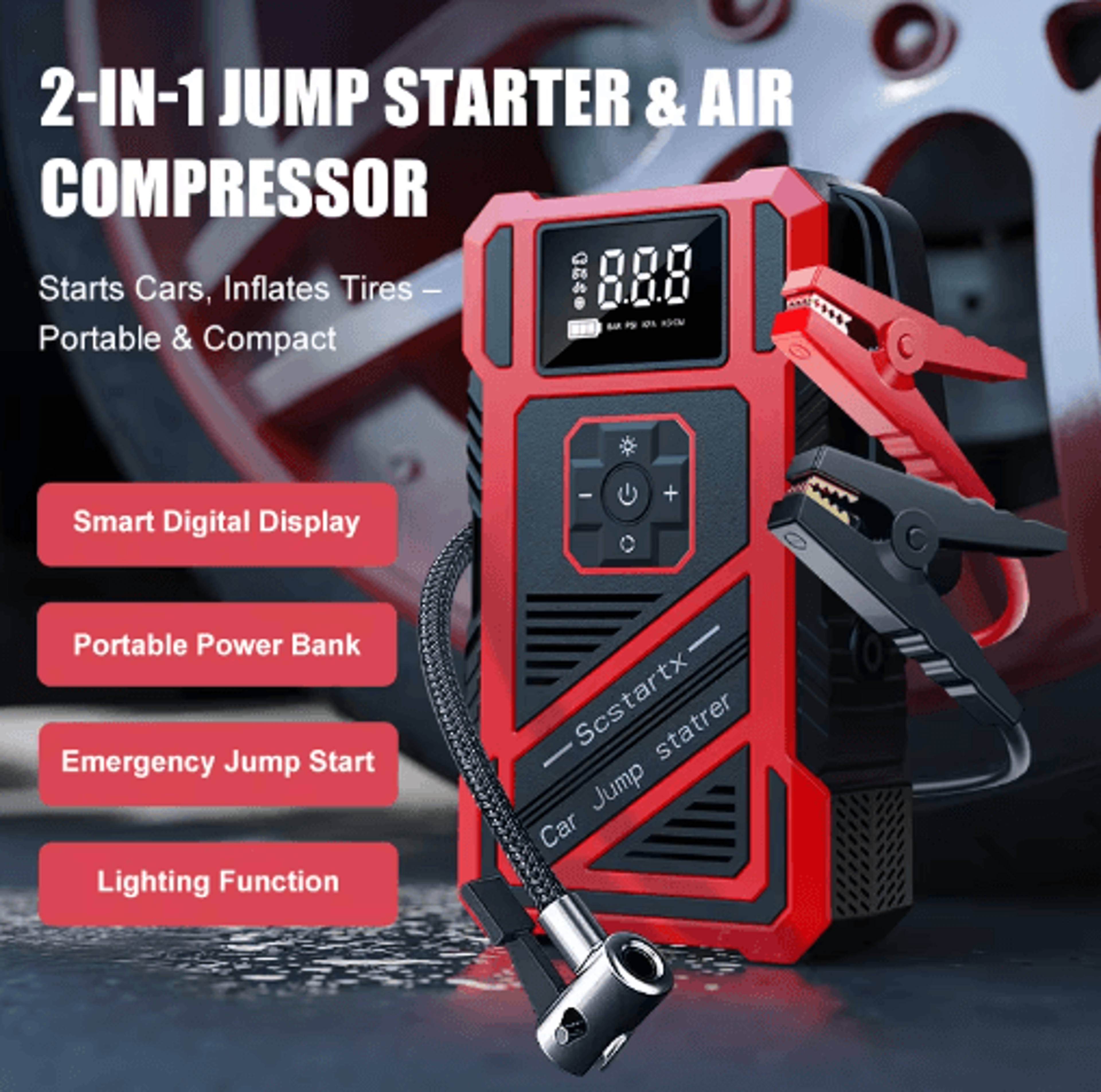 Portable 150 PSI Car Jump Starter  Air Compressor Multi Function Emergency Power Kit 11