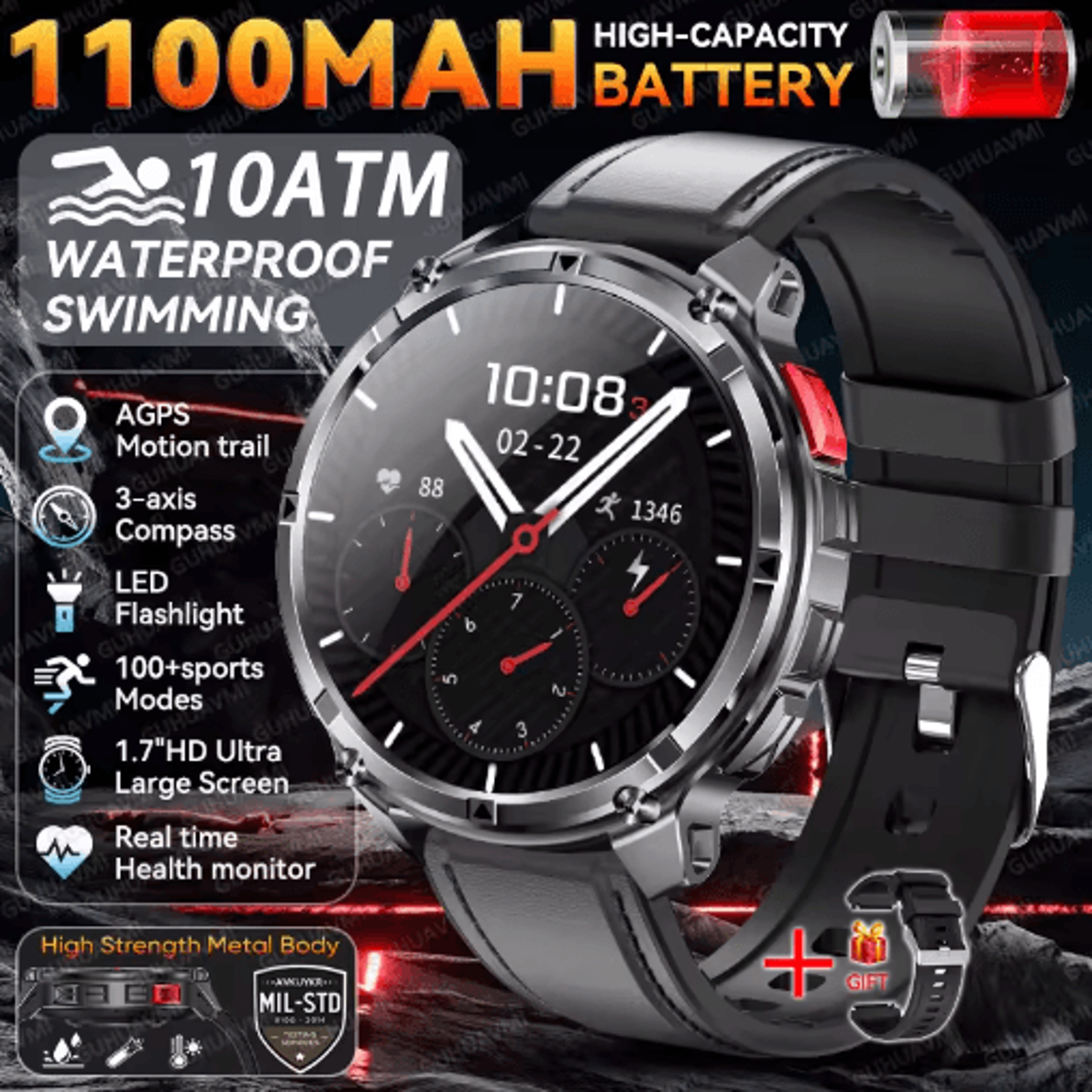 TRex 3 Pro Rugged Smartwatch  Military GPS  10ATM Waterproof Power Watch 10
