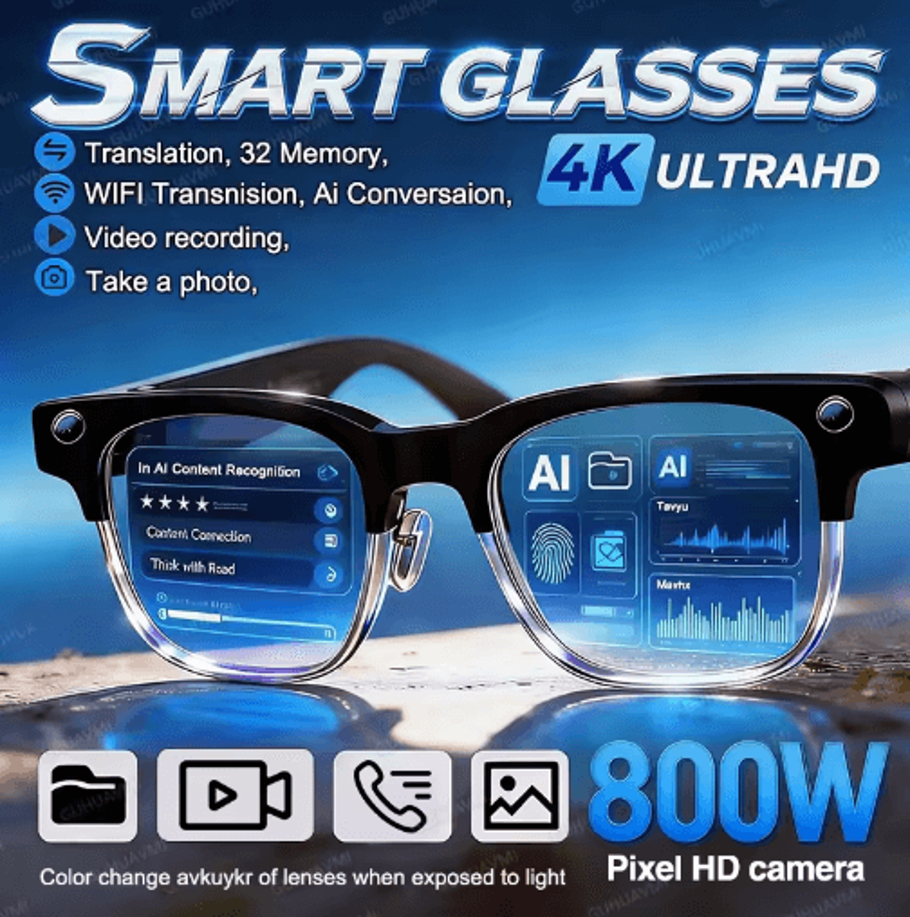 VisionPro AI Smart Glasses  800W Camera Bluetooth Call  RealTime Translation Sunglasses 0