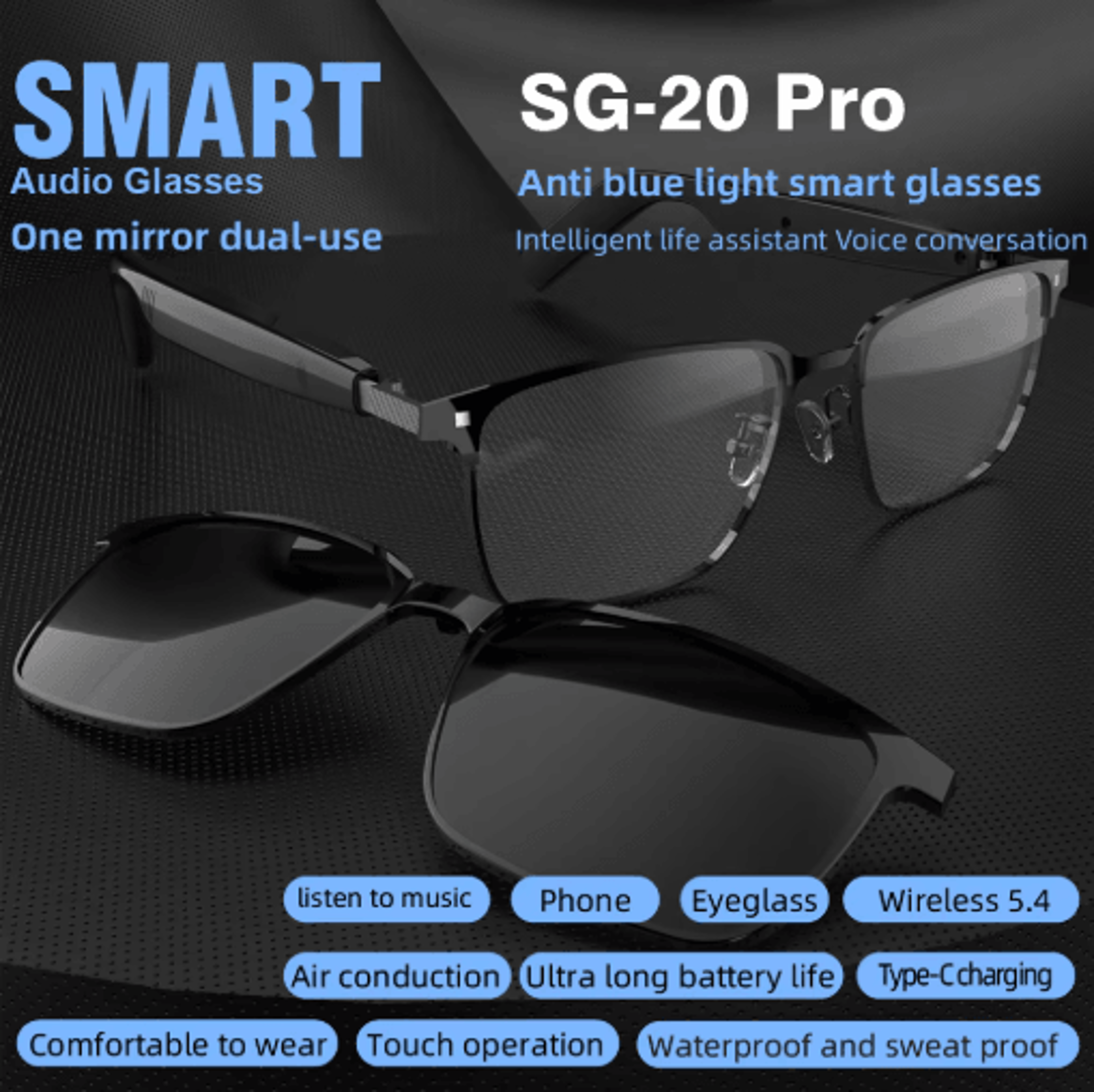 SG20 Pro Smart Audio Glasses Bluetooth TWS Smart Glasses With Voice Assistant  Lightweight Design 3