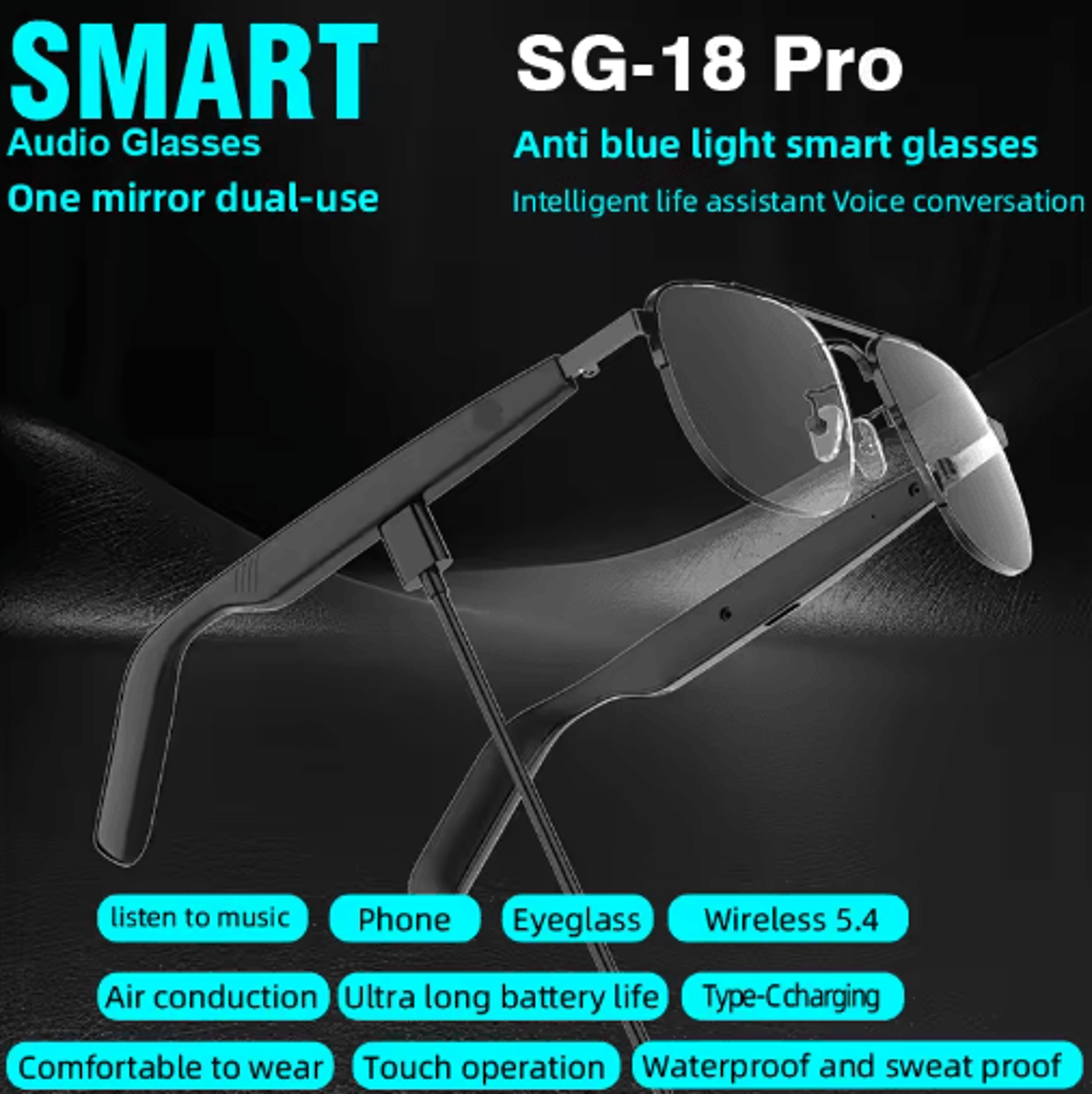 SG15 Pro Smart Audio Glasses  Anti Blue Light Bluetooth Music Sunglasses For Sports  Daily Wear 2
