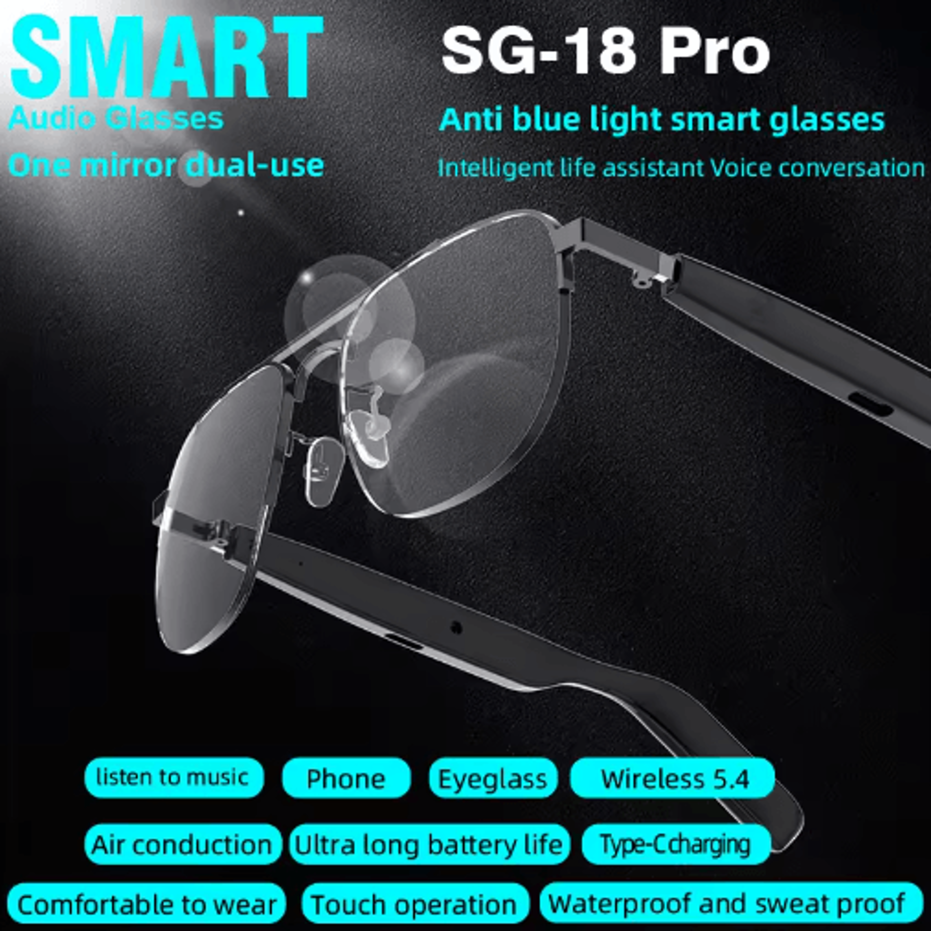SG15 Pro Smart Audio Glasses  Anti Blue Light Bluetooth Music Sunglasses For Sports  Daily Wear 3