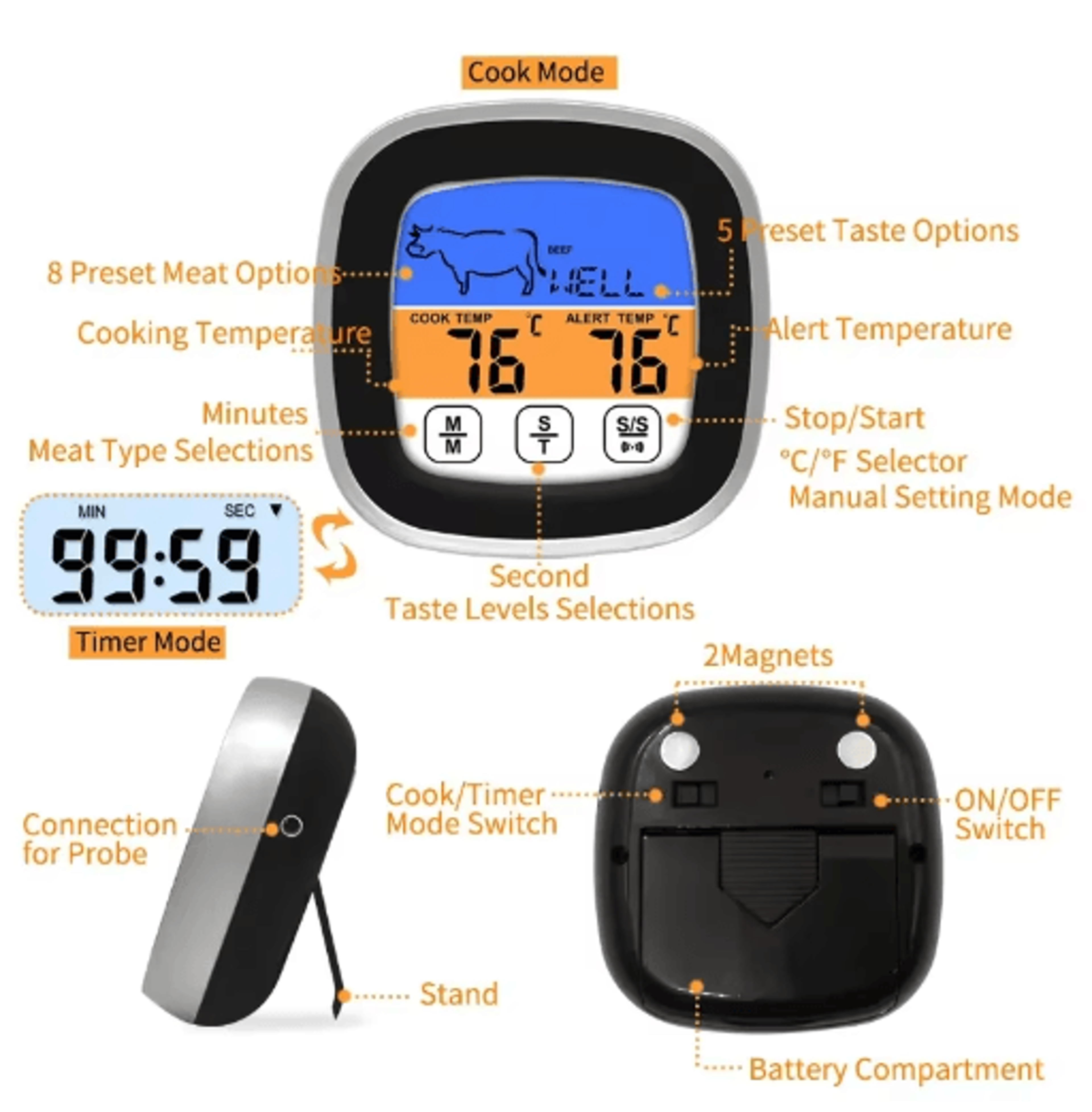 Smart Touchscreen Meat Thermometer With Probe  Digital BBQ  Kitchen Thermometer With Timer  Cook Mo 6