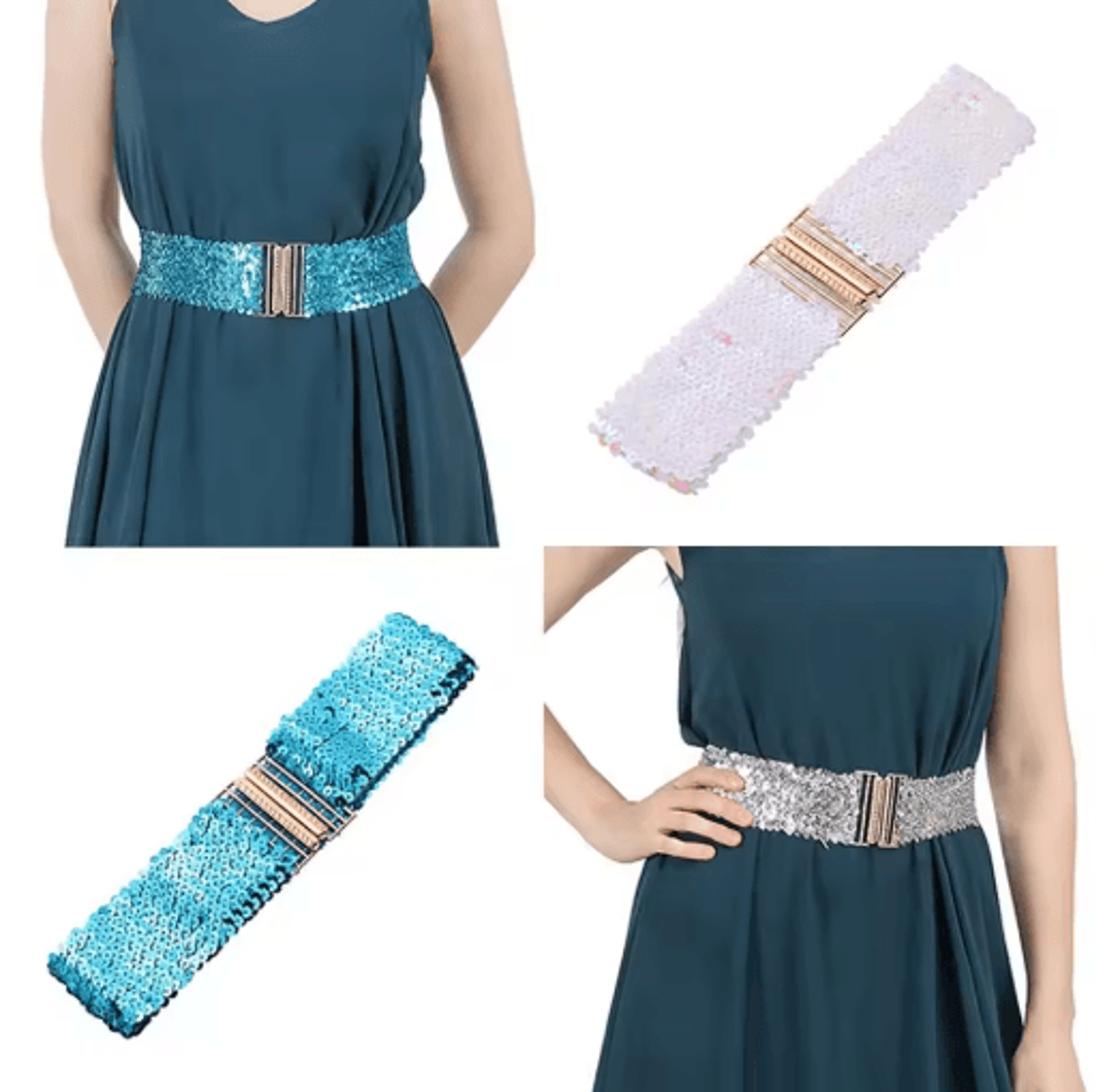 Wide Elastic Sequin Waist Belt With Gold Buckle For Women 0