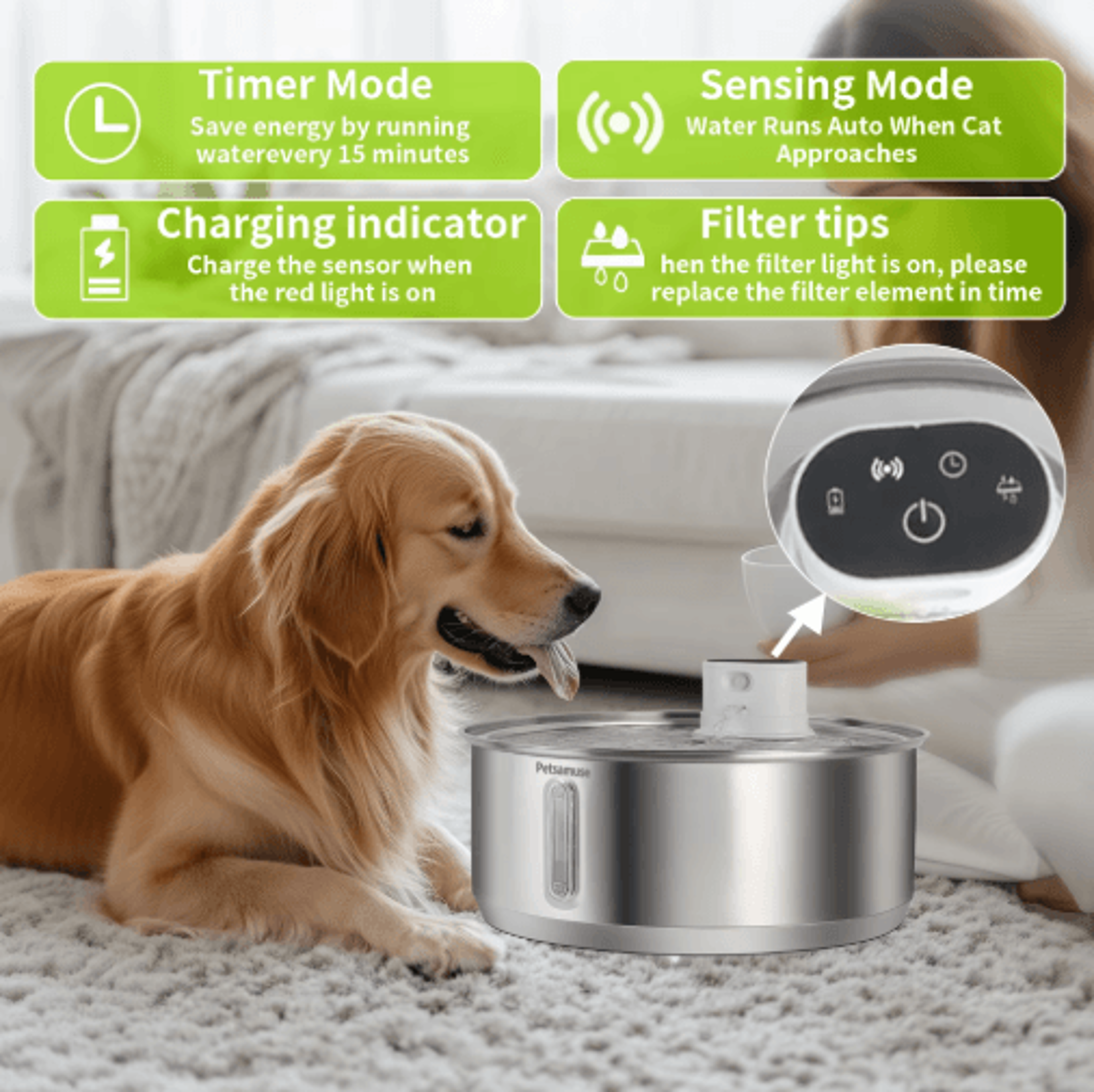 Petavista 8L Wireless Dog Water Fountain  Automatic Stainless Steel Pet Water Dispenser 10